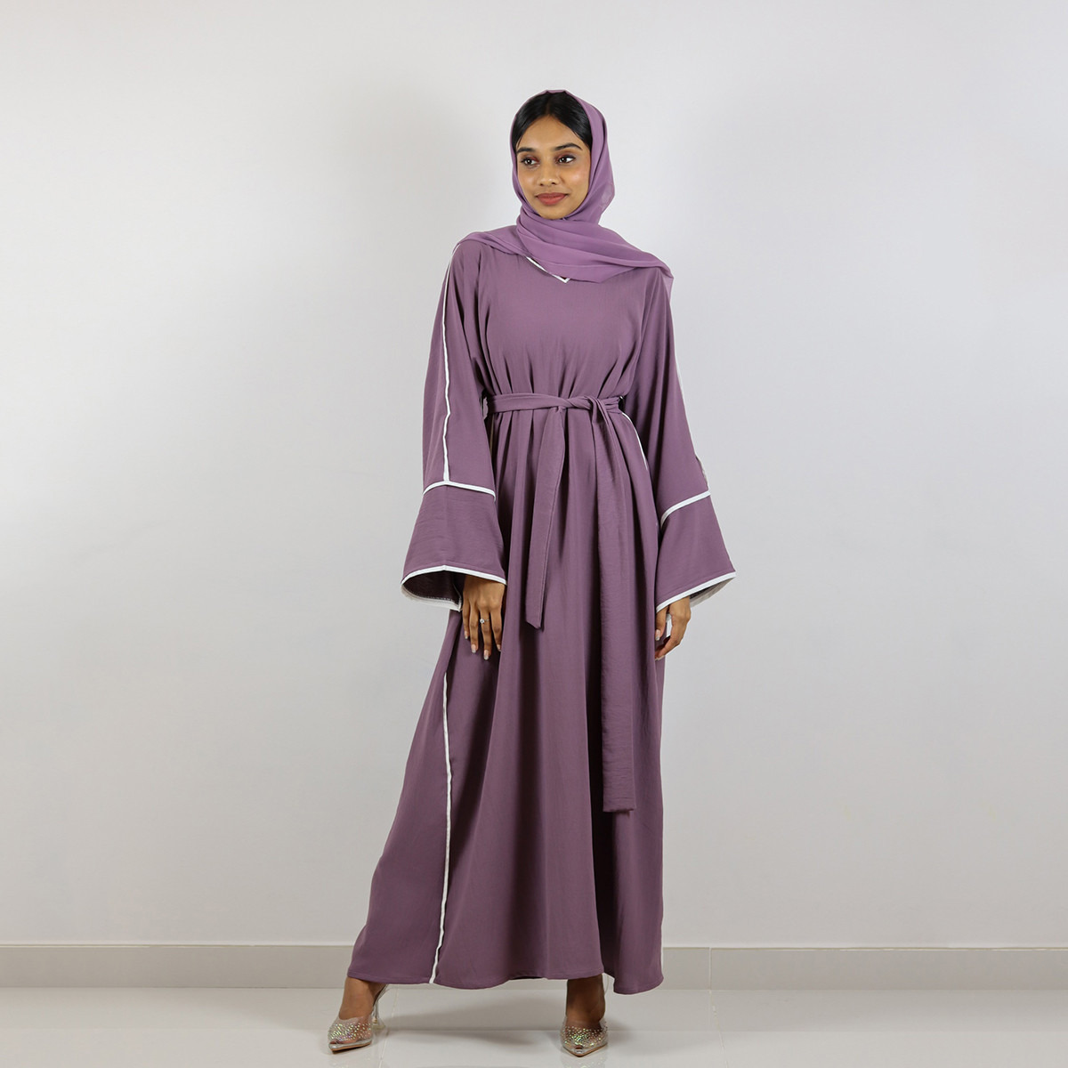 Nukhbaa Piping Detail Abaya with Tie-Up Belt and Hijab-women-arabicclothing-abayas-image-1