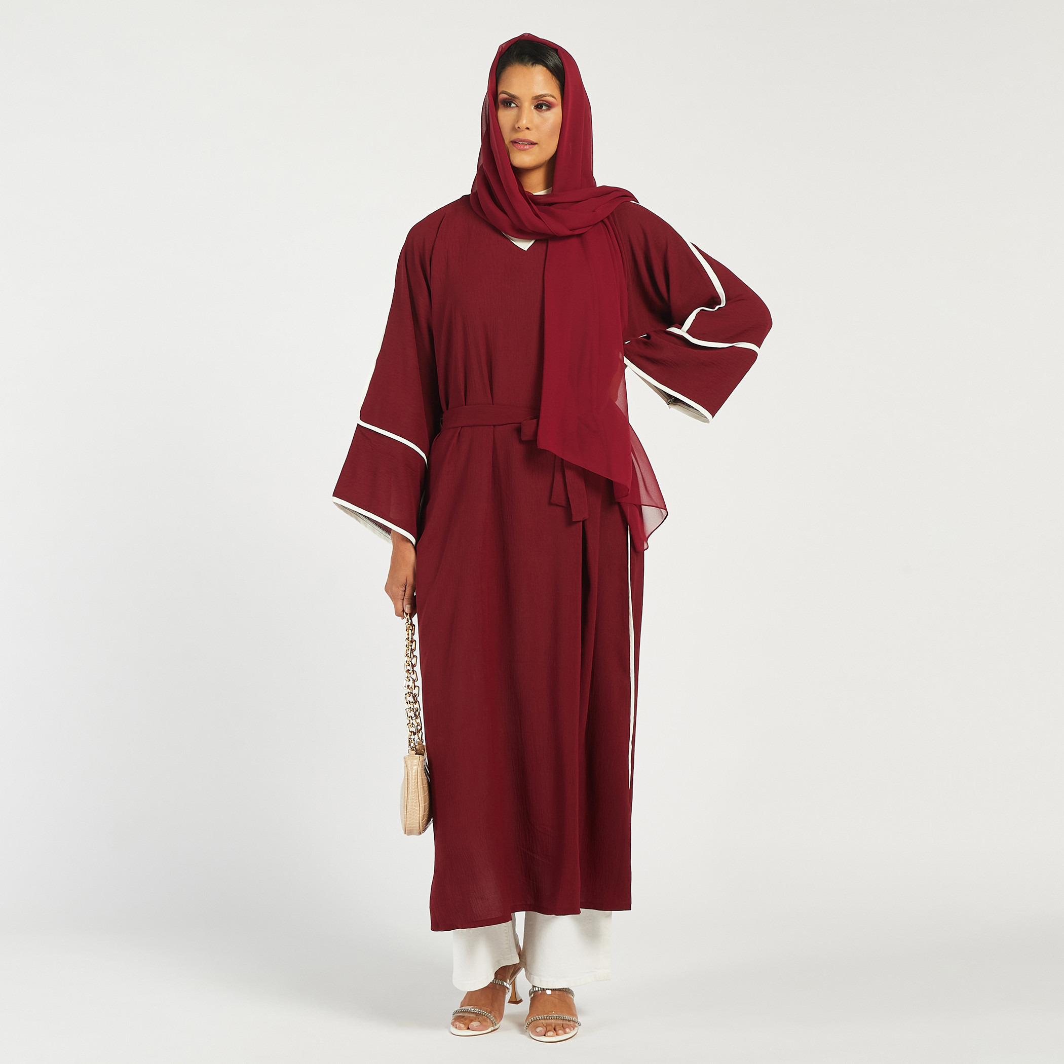 Nukhbaa Solid Abaya with Hijab and Tie-Up Belt-women-arabicclothing-abayas-image-1