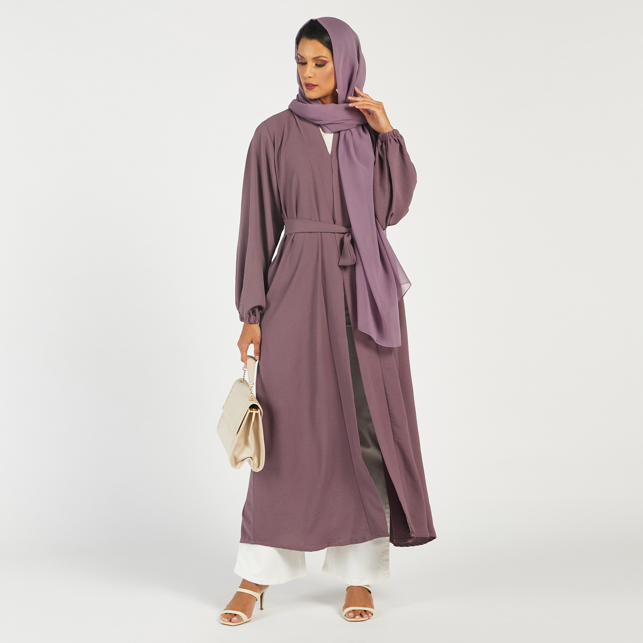 Nukhbaa Solid Abaya with Belt Tie-Ups and Hijab-women-arabicclothing-abayas-image-1