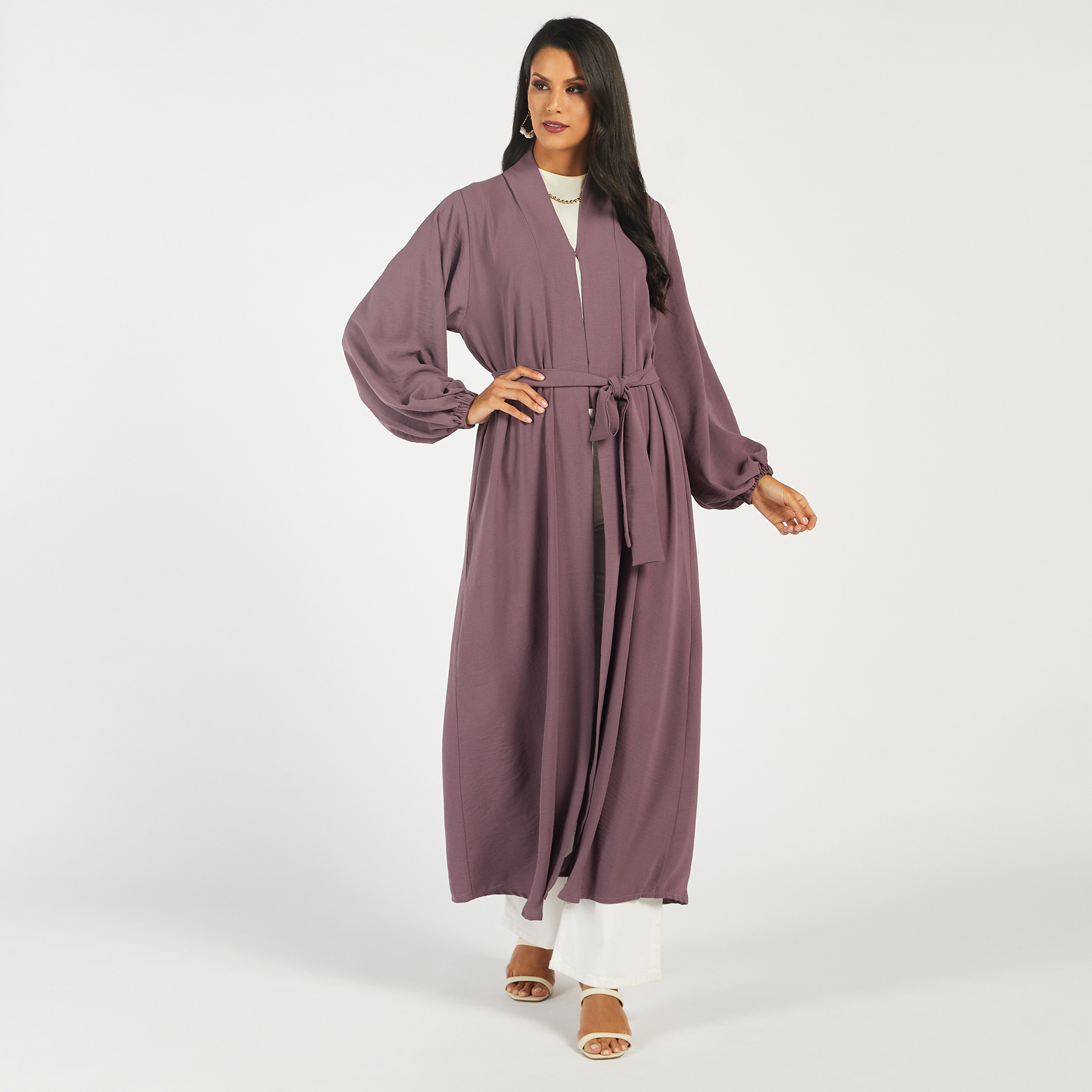 Nukhbaa Solid Abaya with Belt Tie-Ups and Hijab-women-arabicclothing-abayas-image-2