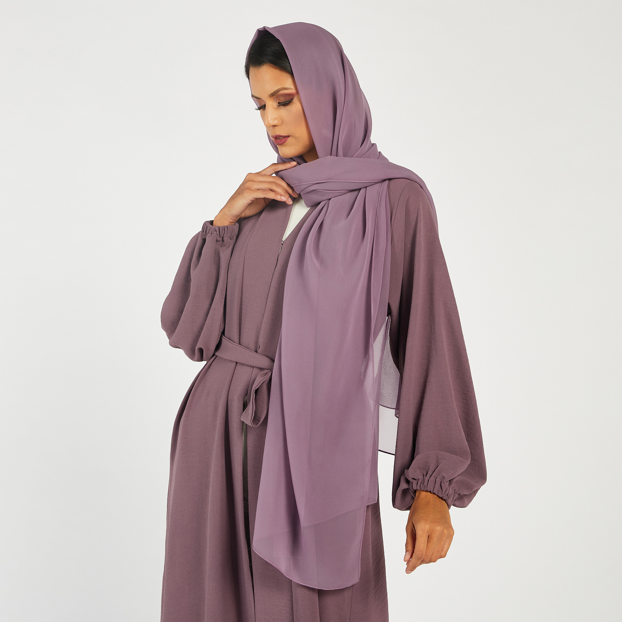 Nukhbaa Solid Abaya with Belt Tie-Ups and Hijab-women-arabicclothing-abayas-image-3