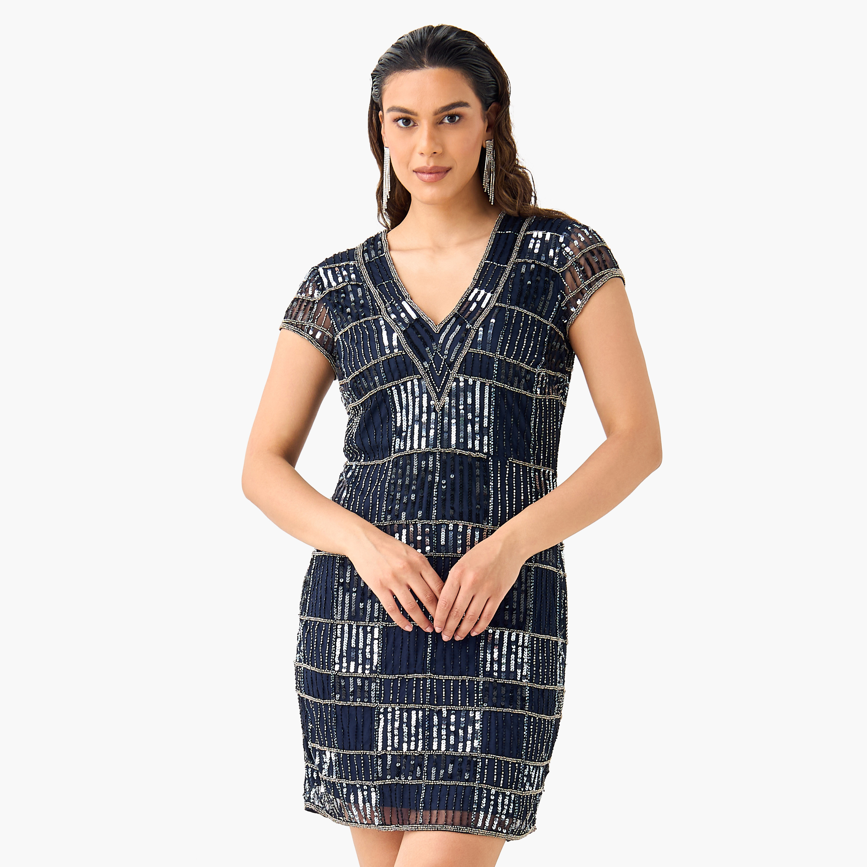 Lace & Beads All-Over Embellished V-neck Dress with Cap Sleeves-women-clothing-dresses-image-1