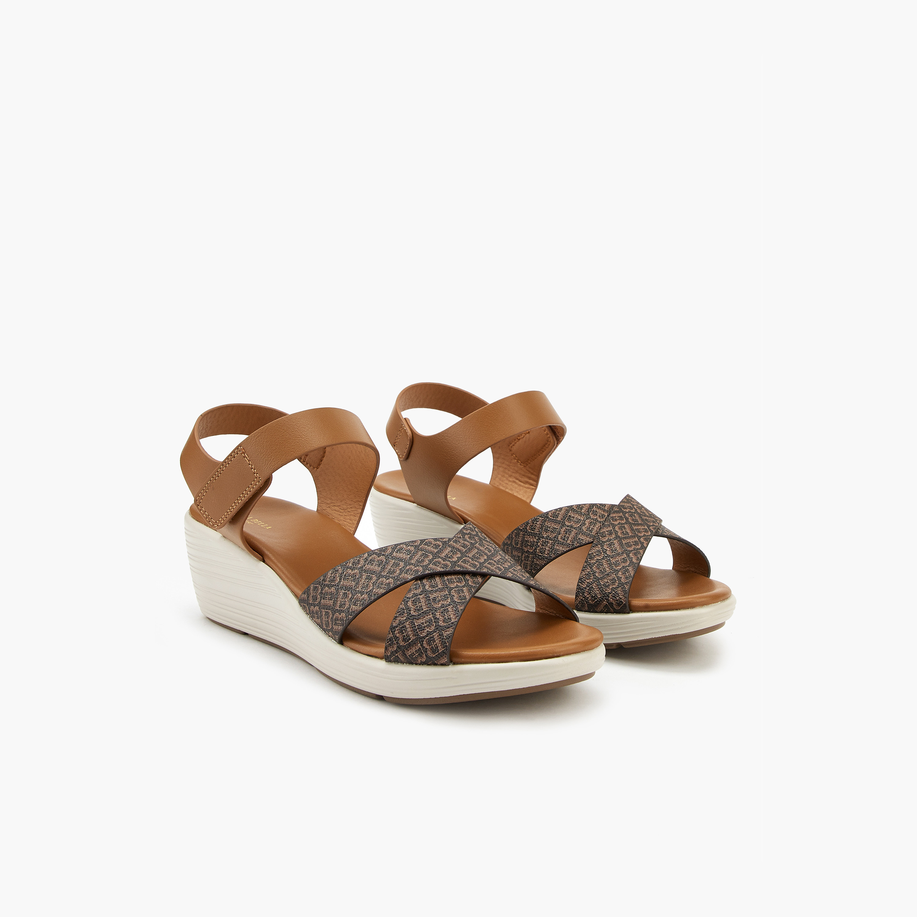 Flora Bella Cross Strap Monogram Print Sandals with Hook and Loop Closure-women-shoes-sandals-heeled-image-1