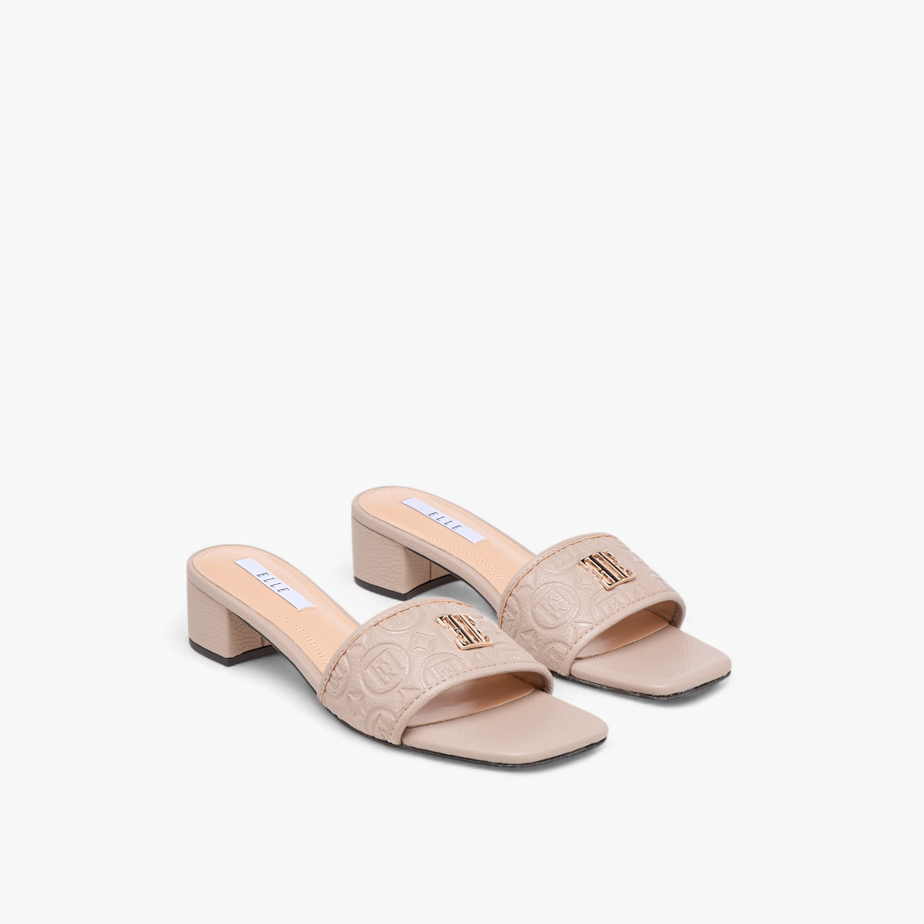 Elle Women's Monogram Embossed Slip-On Sandals with Block Heels-women-shoes-sandals-heeled-image-1