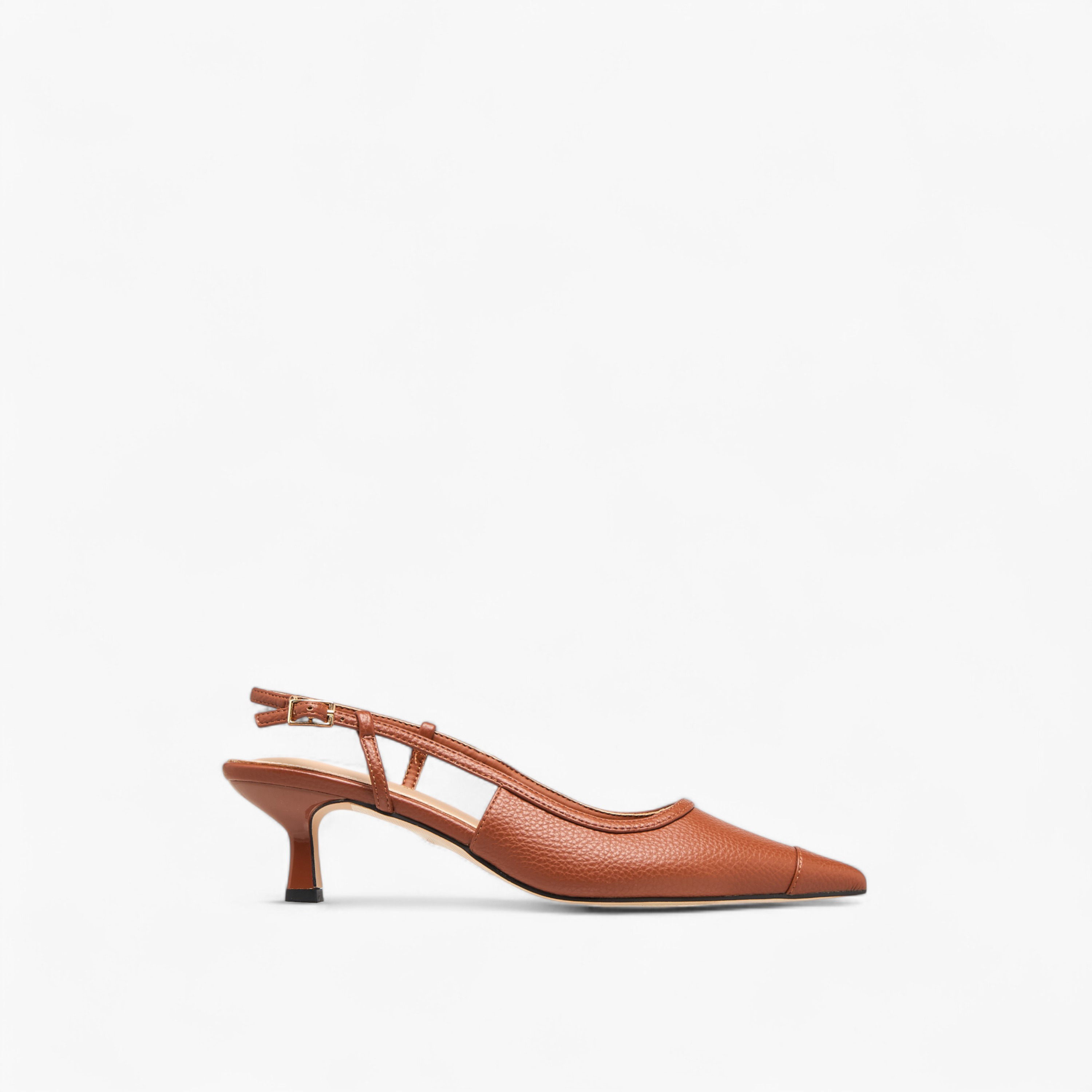 Paprika Textured Pointed Toe Shoes with Buckle Closure and Kitten Heels-women-shoes-sandals-heeled-image-3