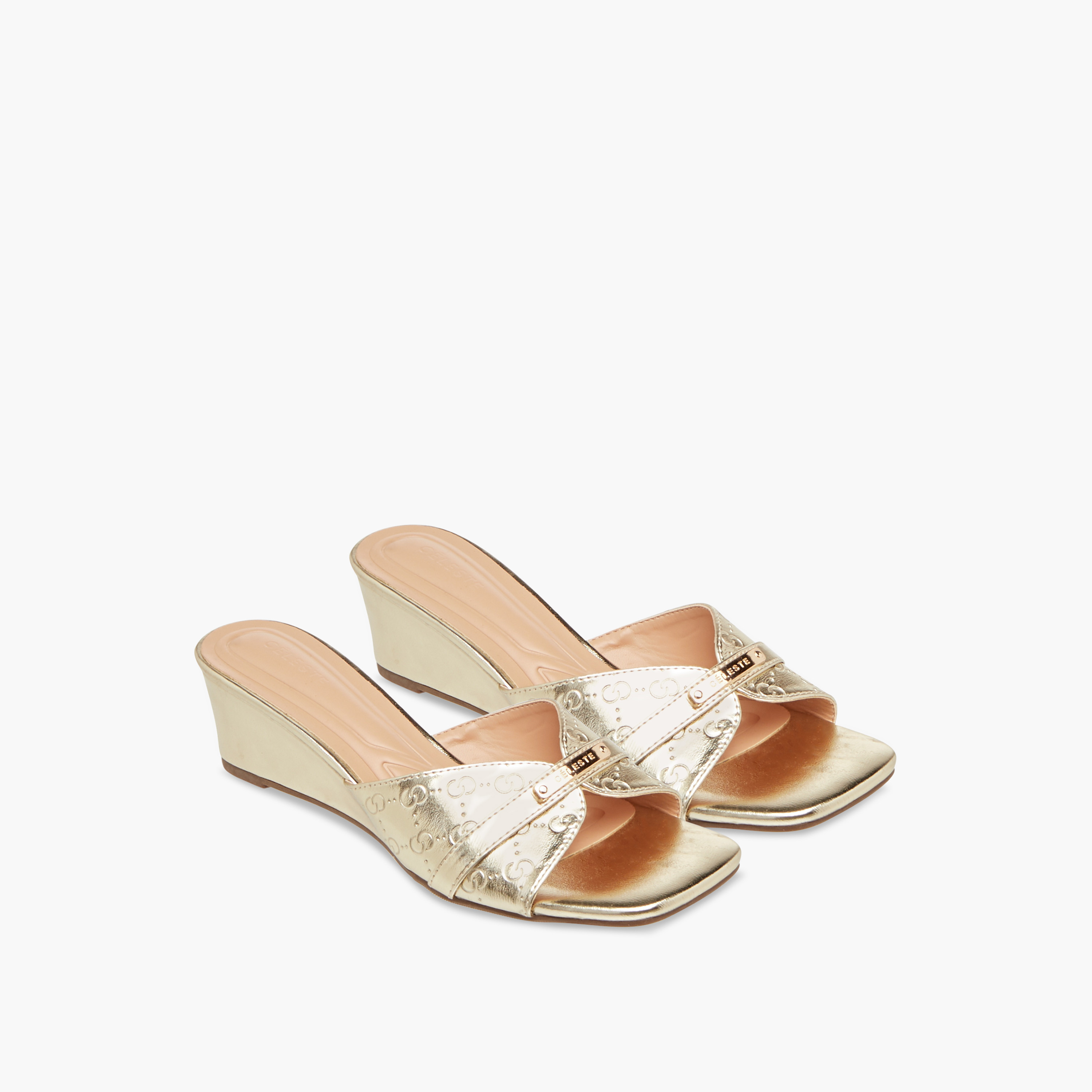 Celeste Women's Monogram Embossed Slip-On Sandals with Wedge Heels-women-shoes-sandals-heeled-image-1