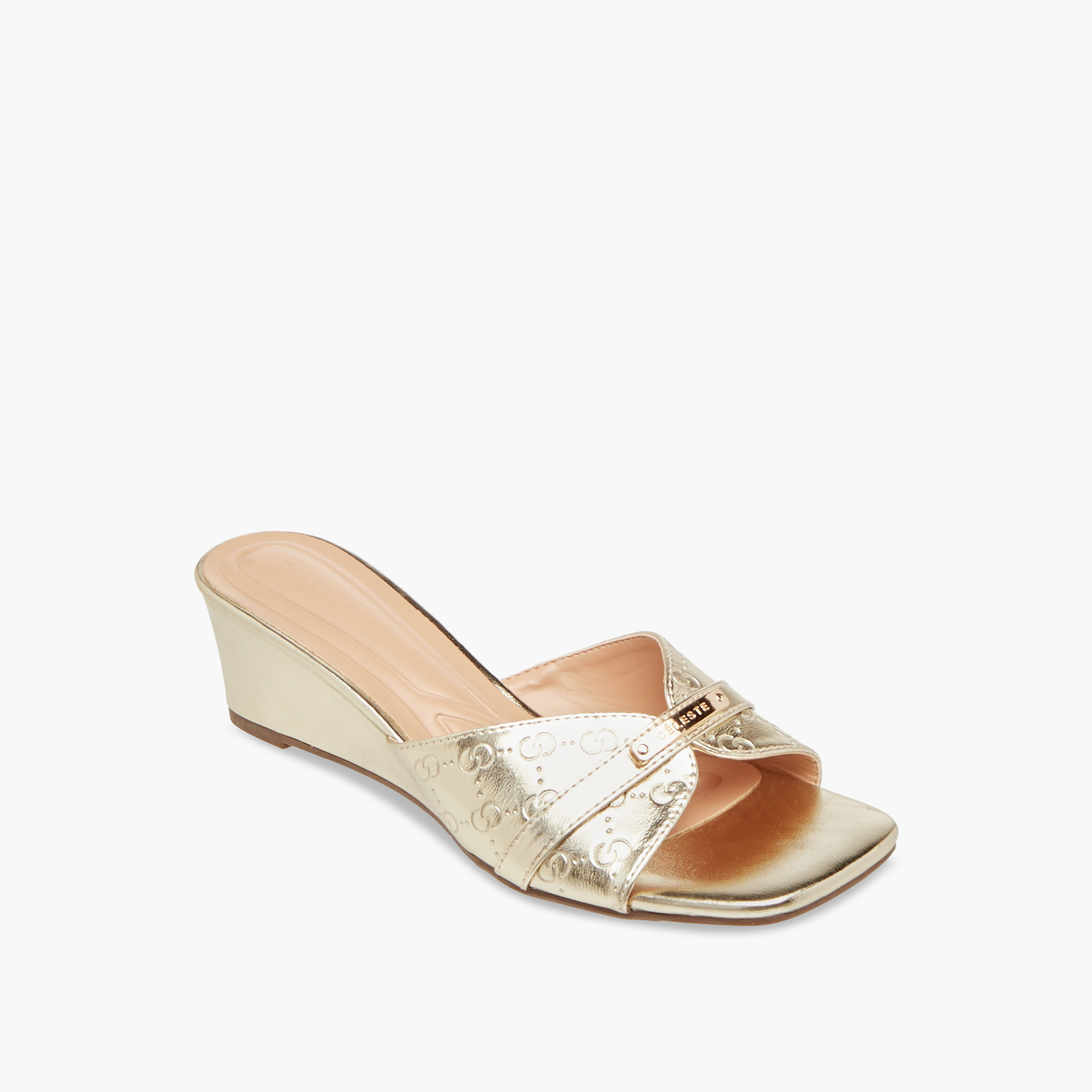 Celeste Women's Monogram Embossed Slip-On Sandals with Wedge Heels-women-shoes-sandals-heeled-image-2