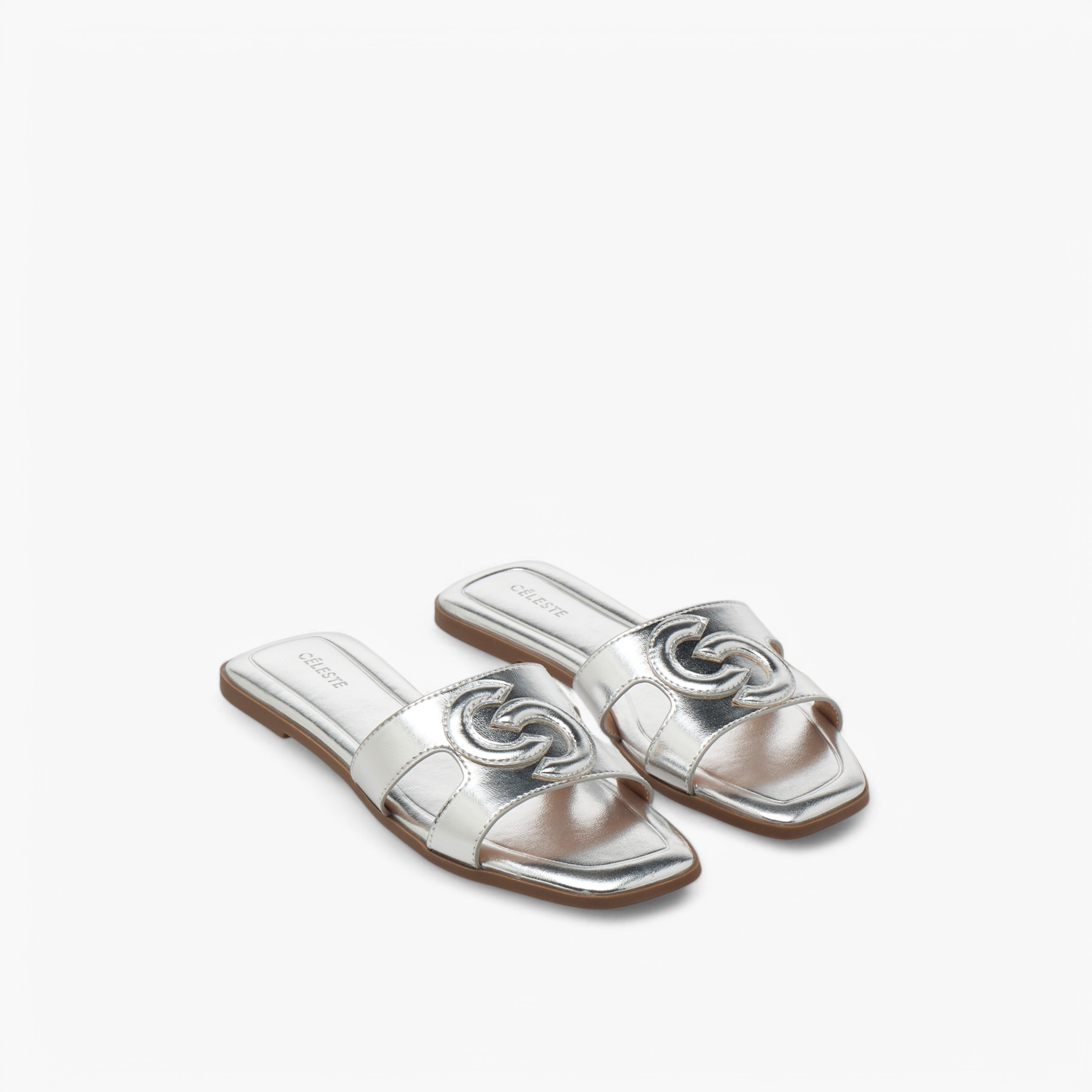 Celeste Women's Metallic Logo Embossed Slip-On Sandals-women-shoes-flats-sandals-image-1