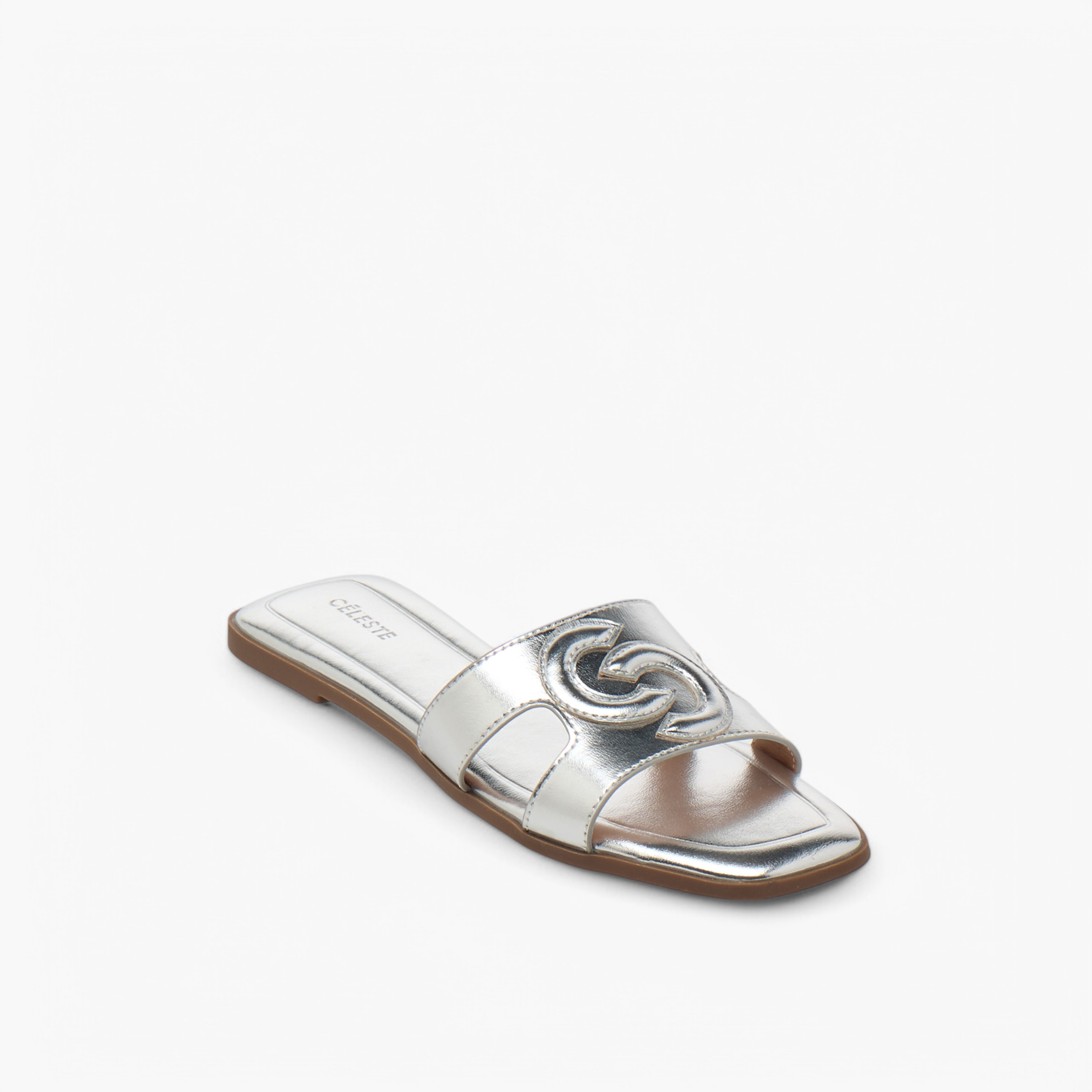 Celeste Women's Metallic Logo Embossed Slip-On Sandals-women-shoes-flats-sandals-image-2