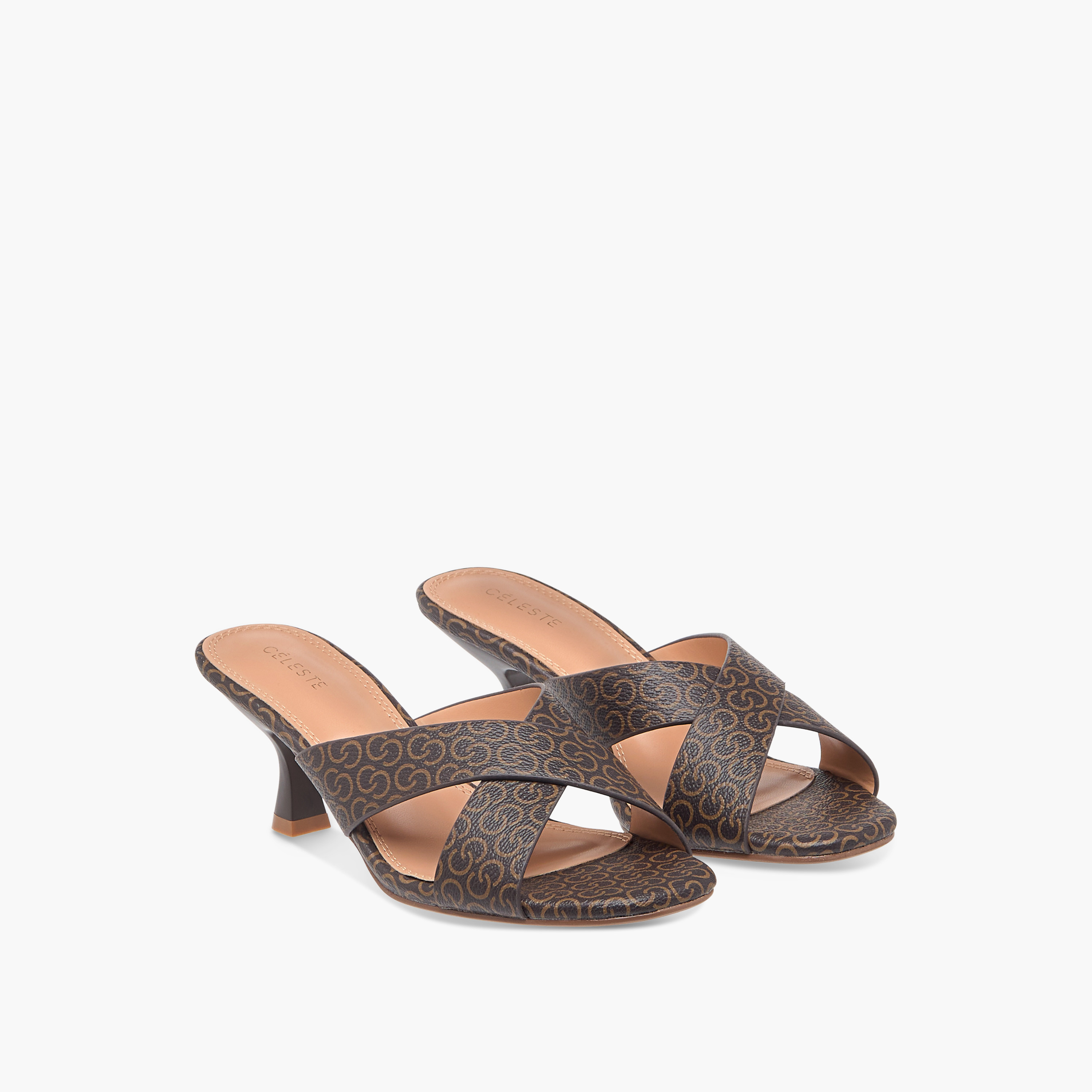 Celeste Women's Monogram Print Slip-On Sandals with Flared Heels-women-shoes-sandals-heeled-image-1