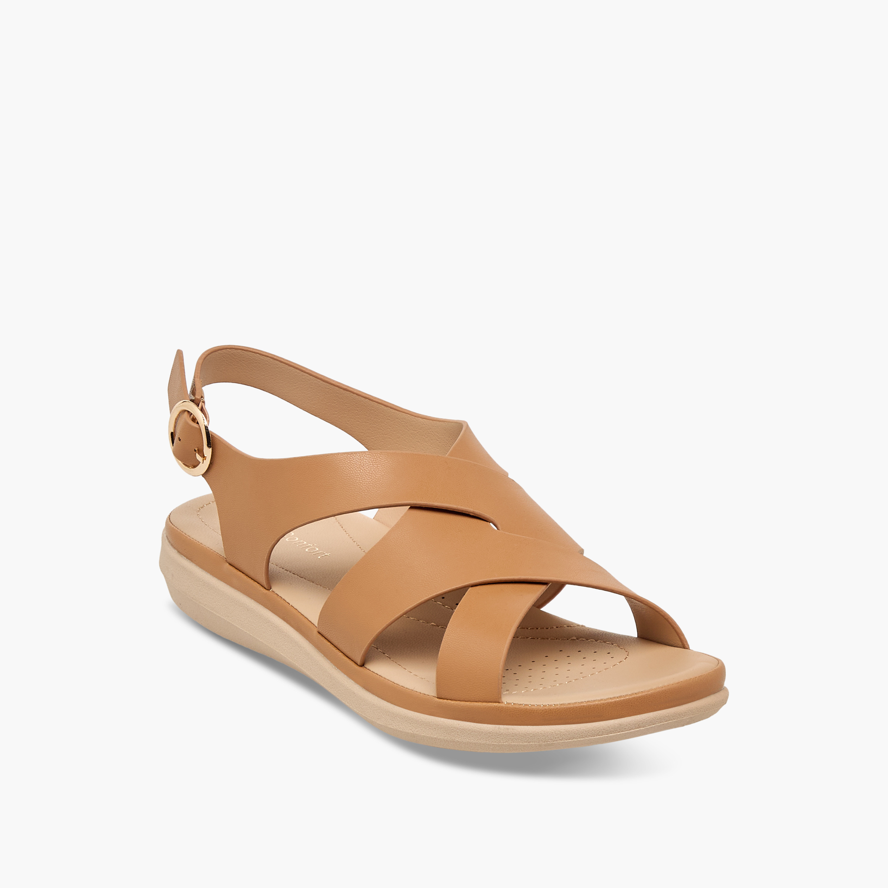Le Confort Solid Cross Strap Comfort Sandals with Buckle Closure-women-shoes-flats-sandals-image-2