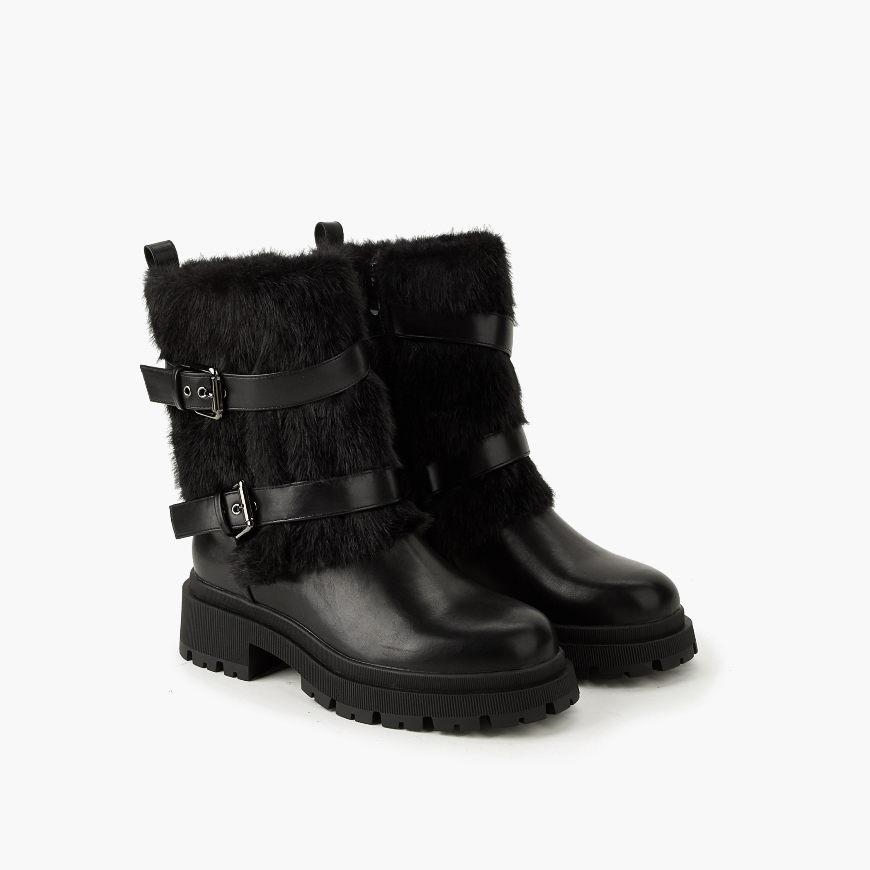 Flora Bella Women Faux Fur Trim Buckled Ankle Boots-women-shoes-boots-image-1