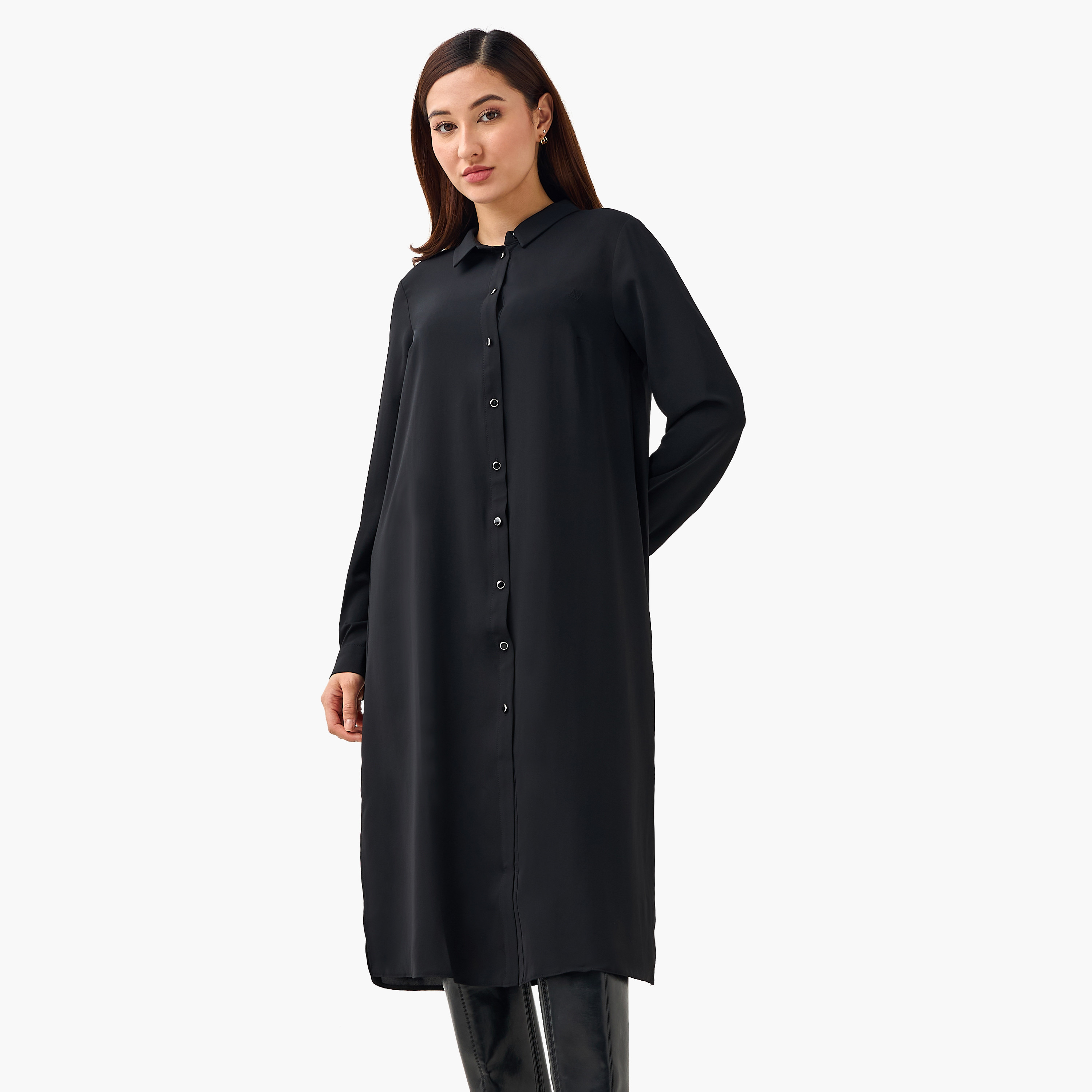 Armine Regular Fit Collared Tunic Dress with Button Placket-women-clothing-dresses-image-1