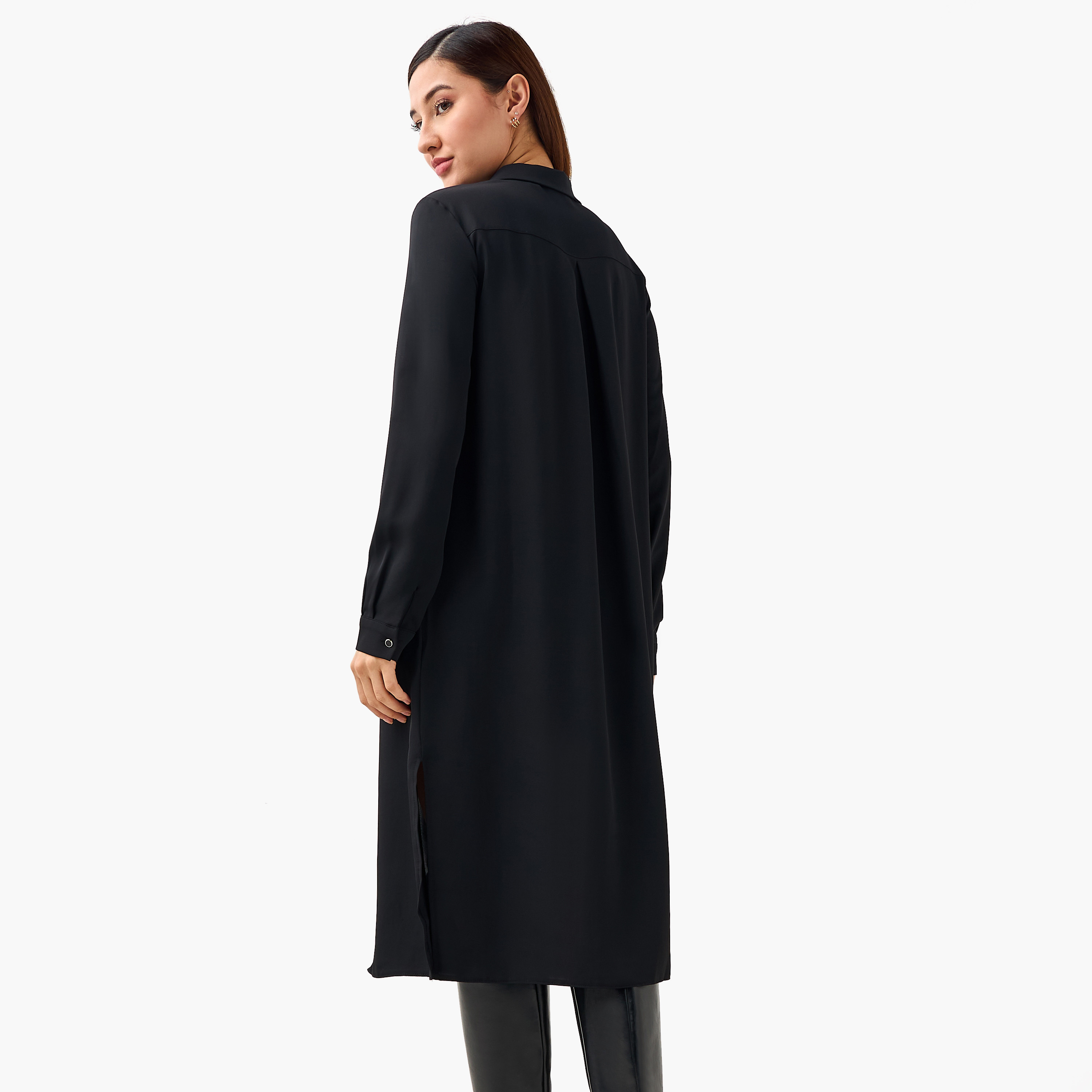 Armine Regular Fit Collared Tunic Dress with Button Placket-women-clothing-dresses-image-4