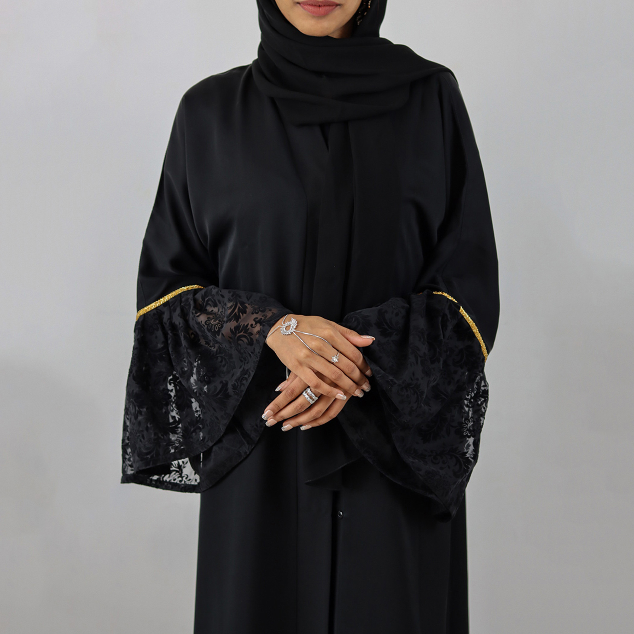 Nukhbaa Laced Abaya with Lace Detail and Bell Sleeves-women-arabicclothing-abayas-image-4