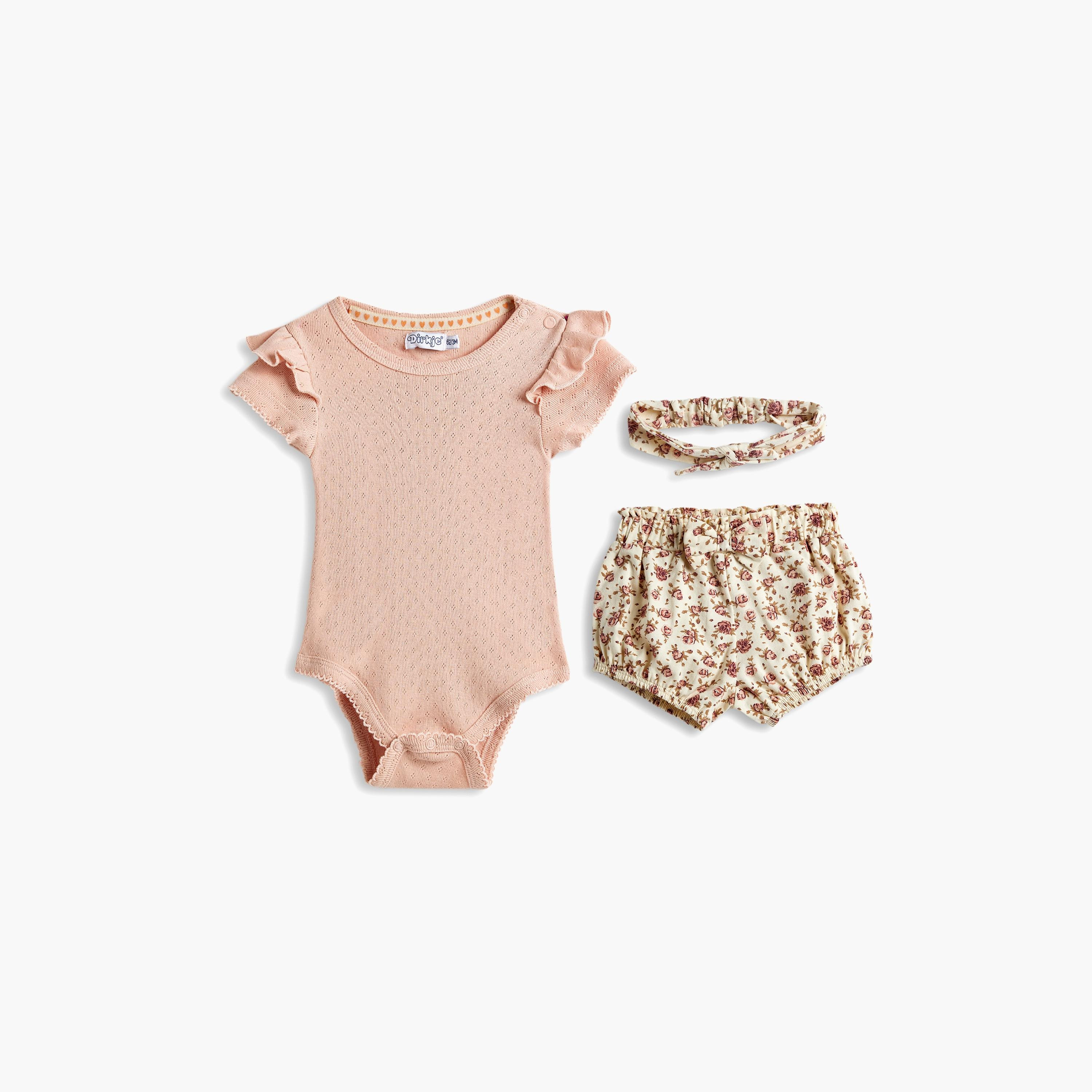 بودي سوت بطبعة زهور بأكمام قصيرة وشورت مع عصابة رأس 3 قطع من ديركجي-baby-girls-clothing-bodysuits-image-1