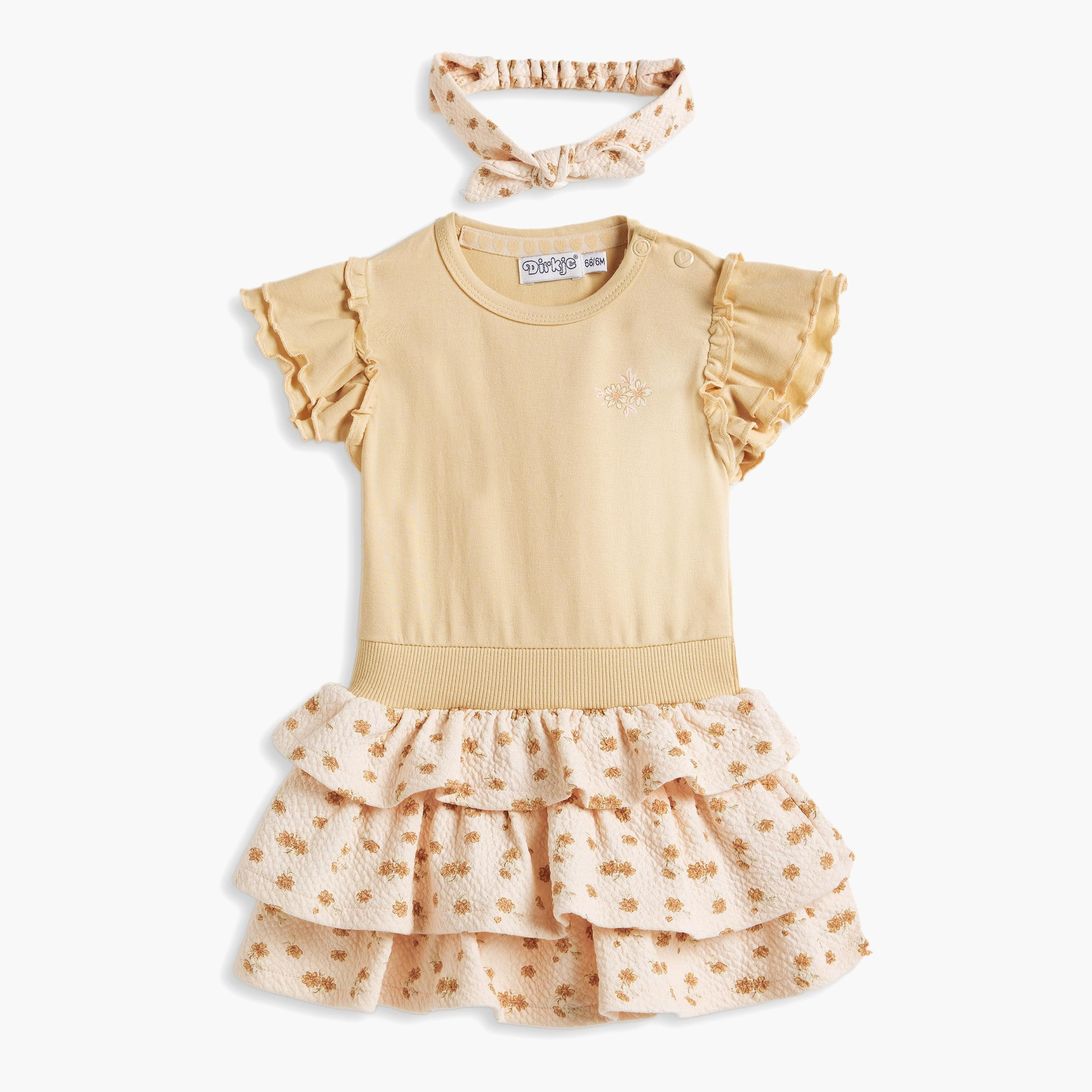 فستان بطبعة زهور وأكمام قصيرة مع رباط رأس قطعتين من ديركجي-girls-clothing-dressesandjumpsuits-image-1