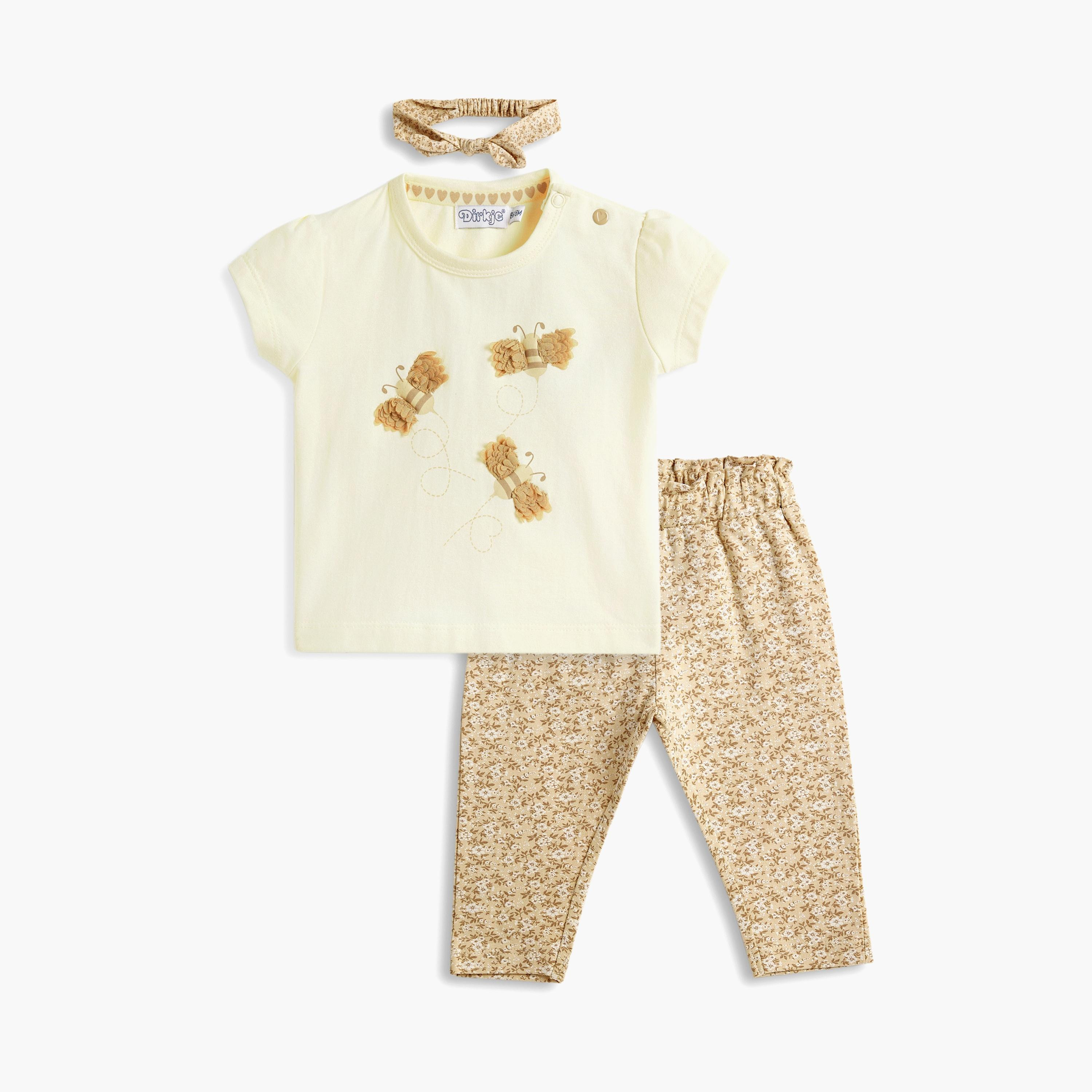 تي شيرت مطبوع بأكمام قصيرة وبنطلون مع عصابة رأس 3 قطع من ديركجي-girls-clothing-setsandcoords-image-1