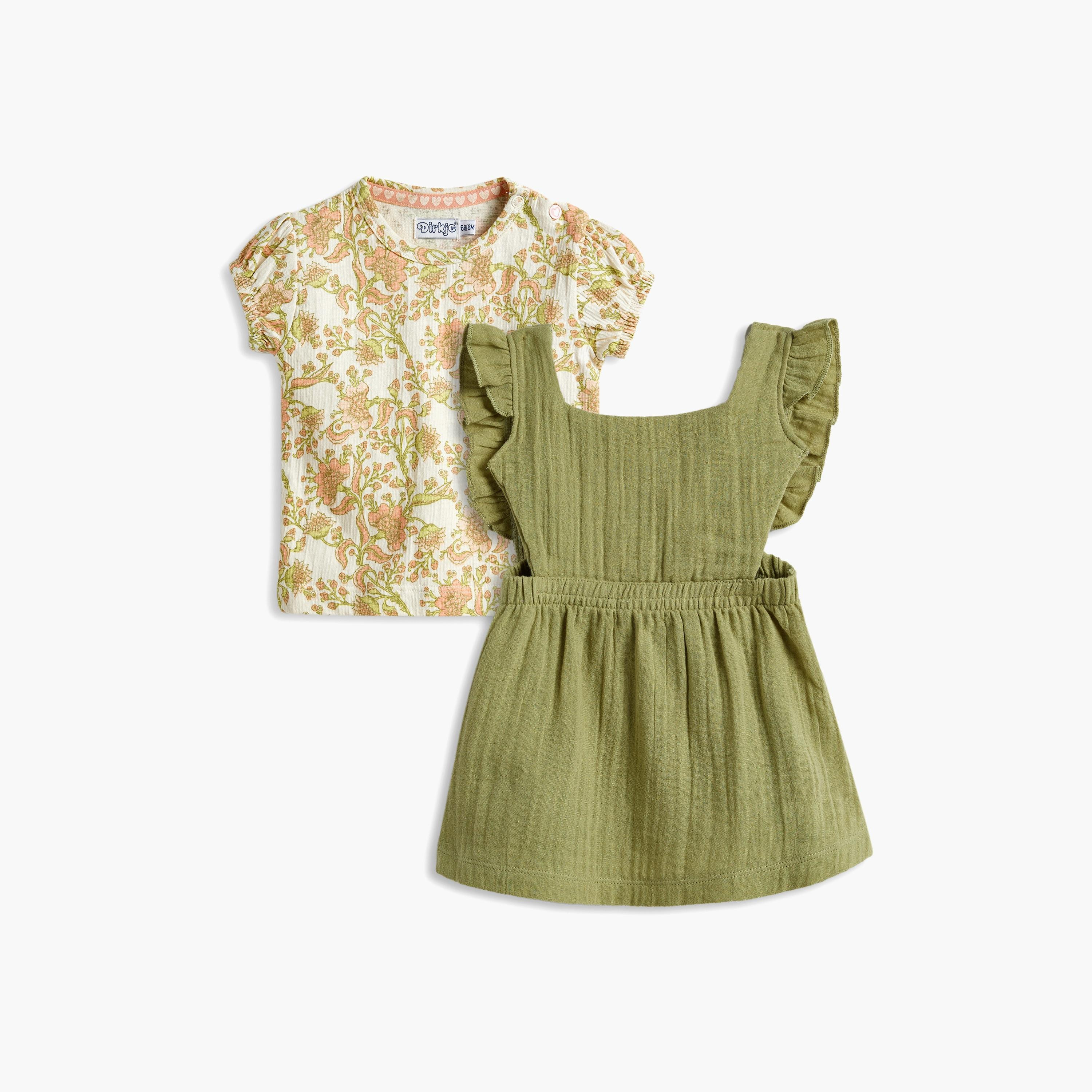 فستان  بطبعة زهور وأكمام قصيرة مع تي شيرت قطعتين من ديركجي-girls-clothing-setsandcoords-image-1