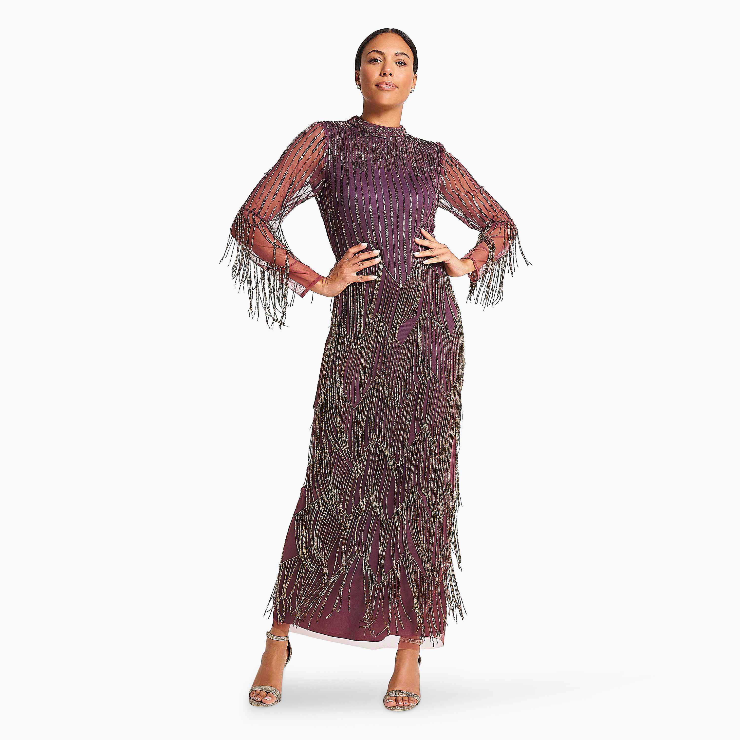 Amelia Rose Deep Purple Beaded & Sequins Mock Neck Evening Women's Dress-women-clothing-dresses-image-4