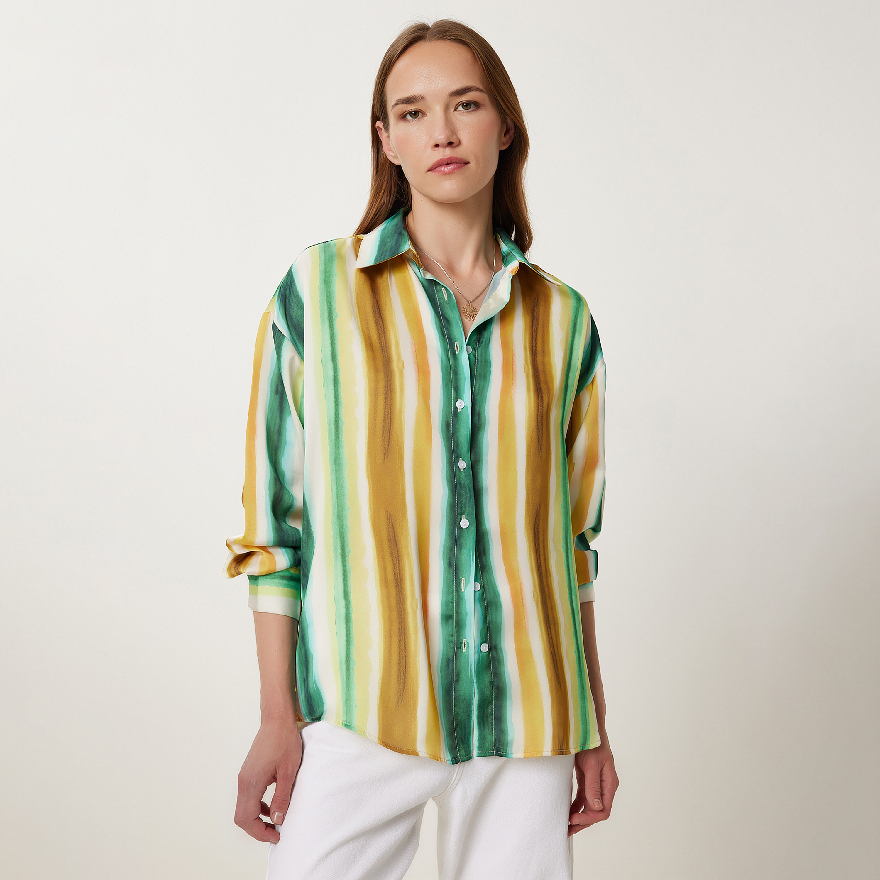 قميص نسائي من سعادة إسطنبول قميص قطني مخطط متعدد الألوان بياقة بأكمام متدلية-women-clothing-shirtsandblouses-shirts-image-1