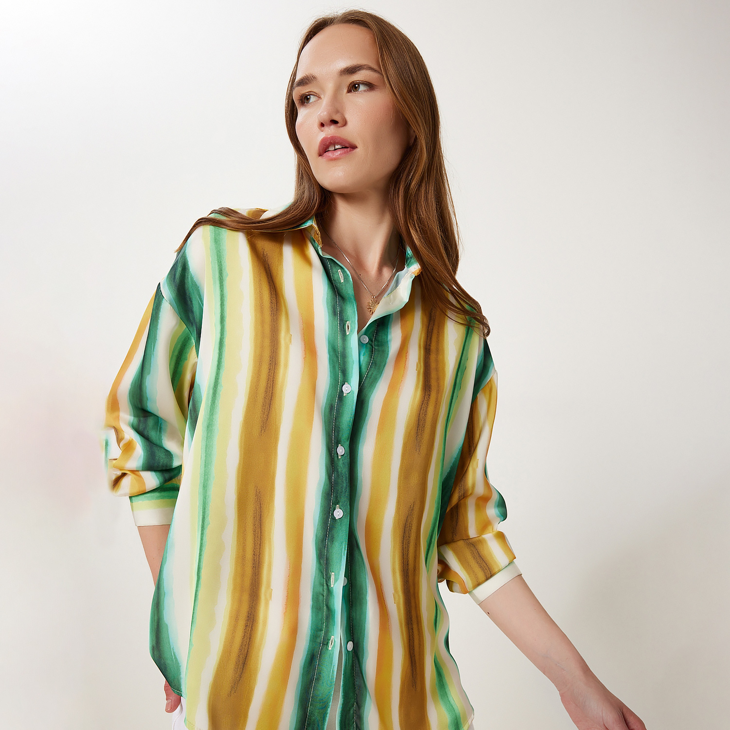 Happiness Istanbul Multicolour Striped Cotton Collared Dropped Sleeves Women's Shirt-women-clothing-shirtsandblouses-shirts-image-2