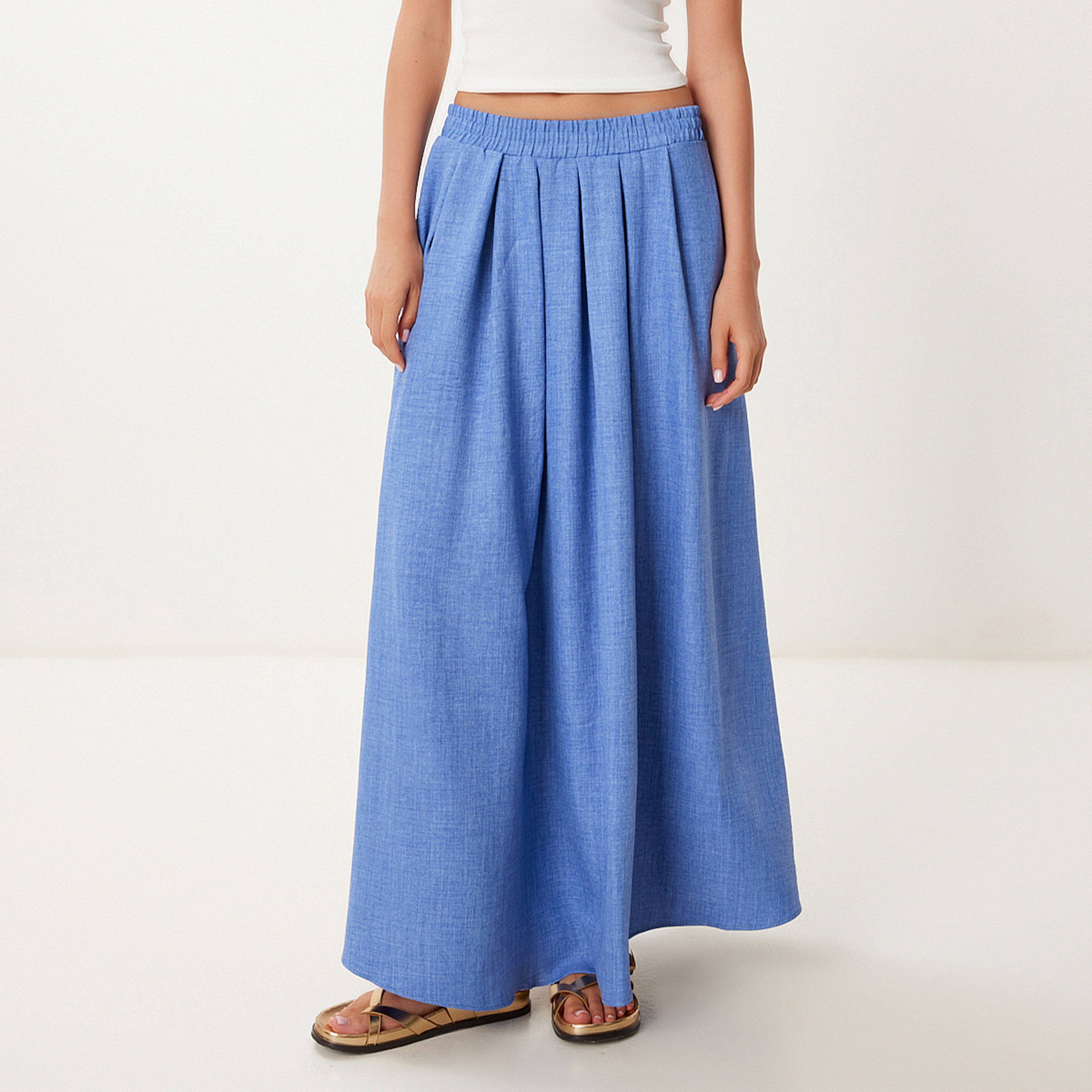 تنورة ماكسي نسائية من إسطنبول زرقاء مطوية-women-clothing-bottoms-skirts-image-1