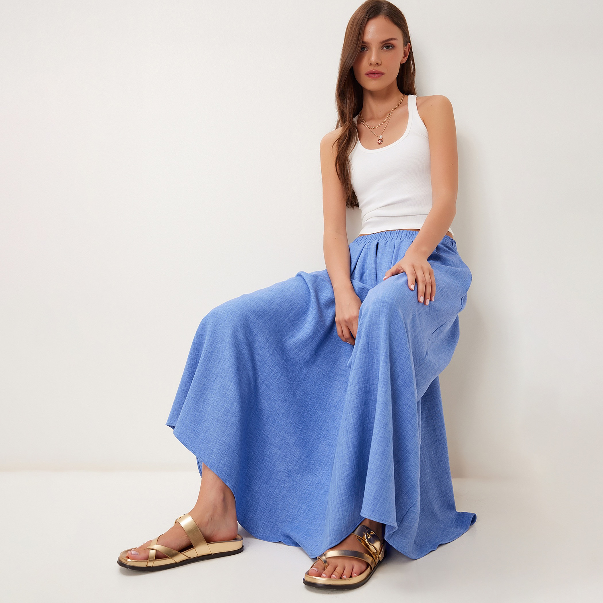 Happiness Istanbul Blue Pleated Flared Women's Maxi Skirt-women-clothing-bottoms-skirts-image-2