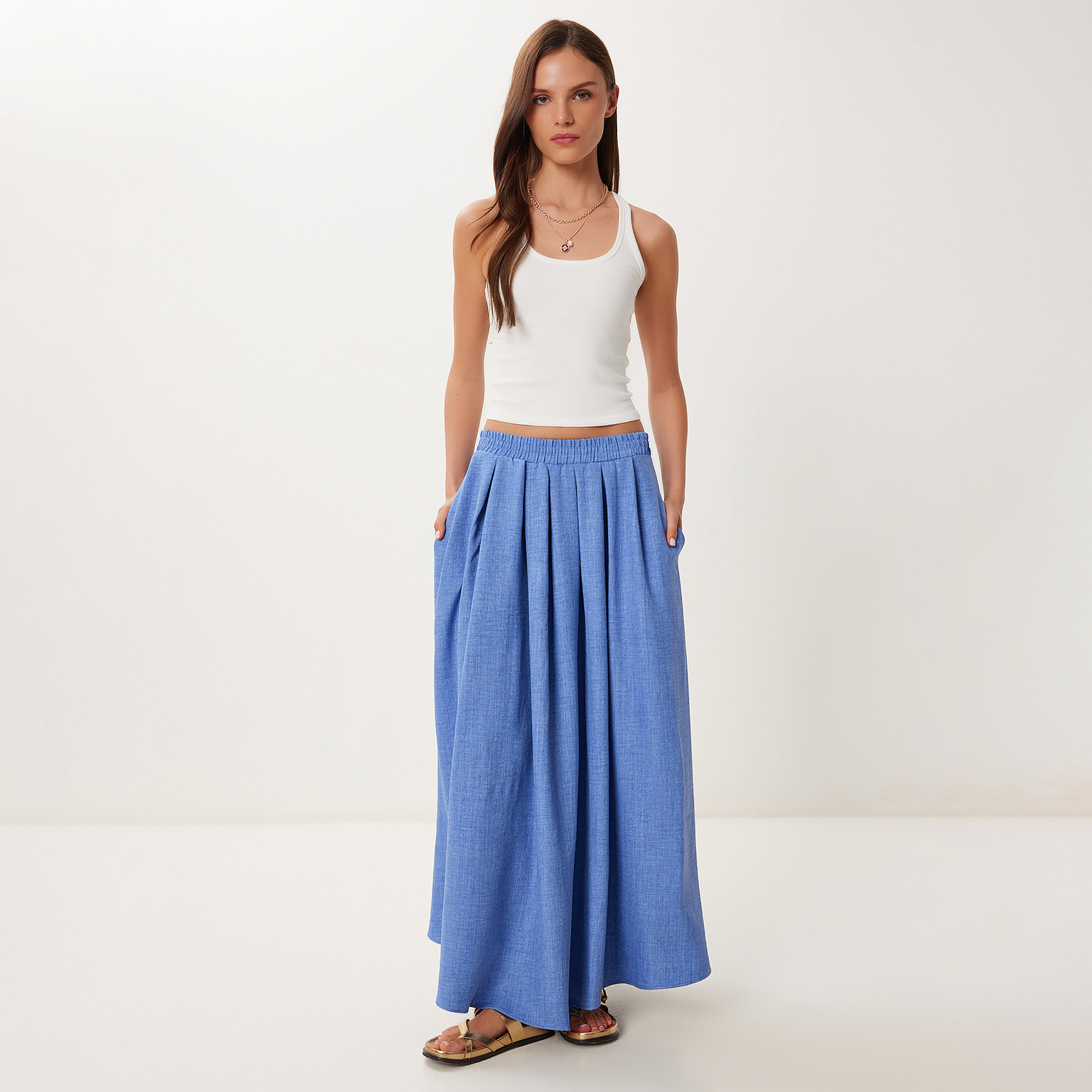 Happiness Istanbul Blue Pleated Flared Women's Maxi Skirt-women-clothing-bottoms-skirts-image-3