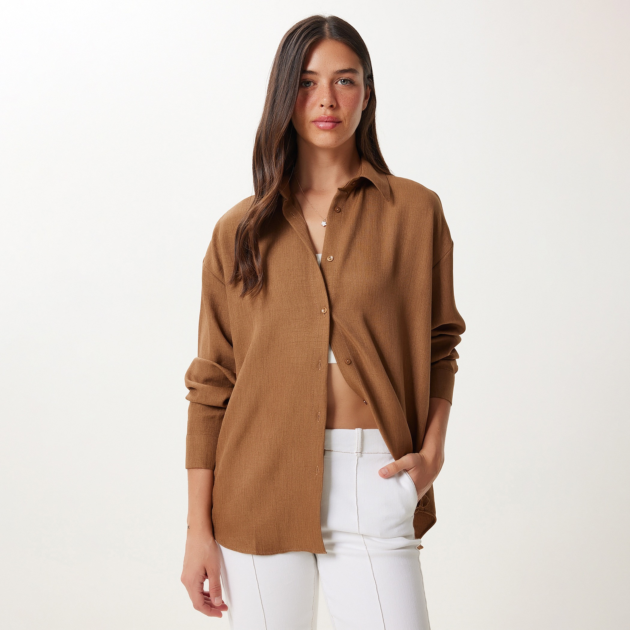 سعادة إسطنبول كتان بني بياقة أكمام متدللة قميص نسائي-women-clothing-shirtsandblouses-shirts-image-1
