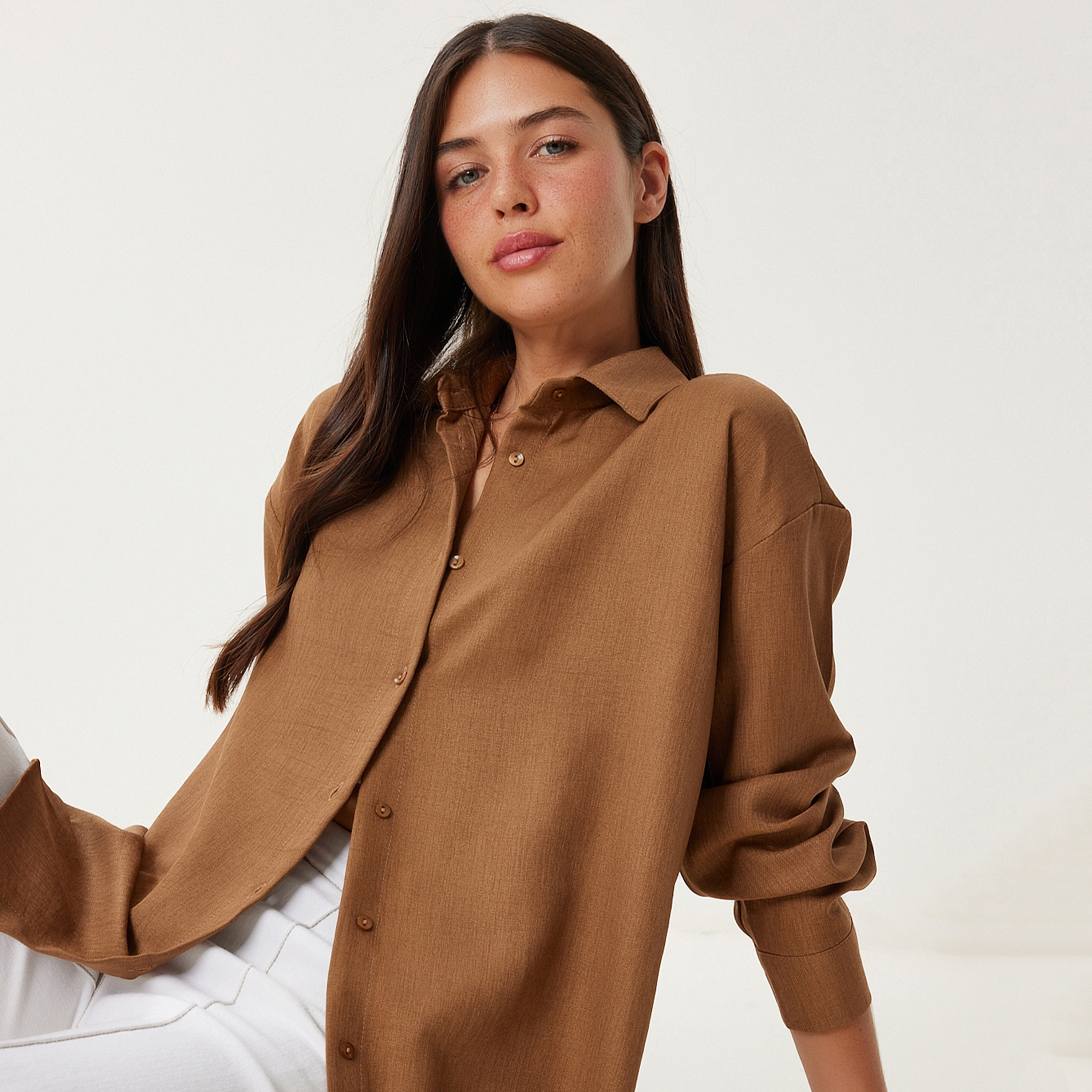 سعادة إسطنبول كتان بني بياقة أكمام متدللة قميص نسائي-women-clothing-shirtsandblouses-shirts-image-2