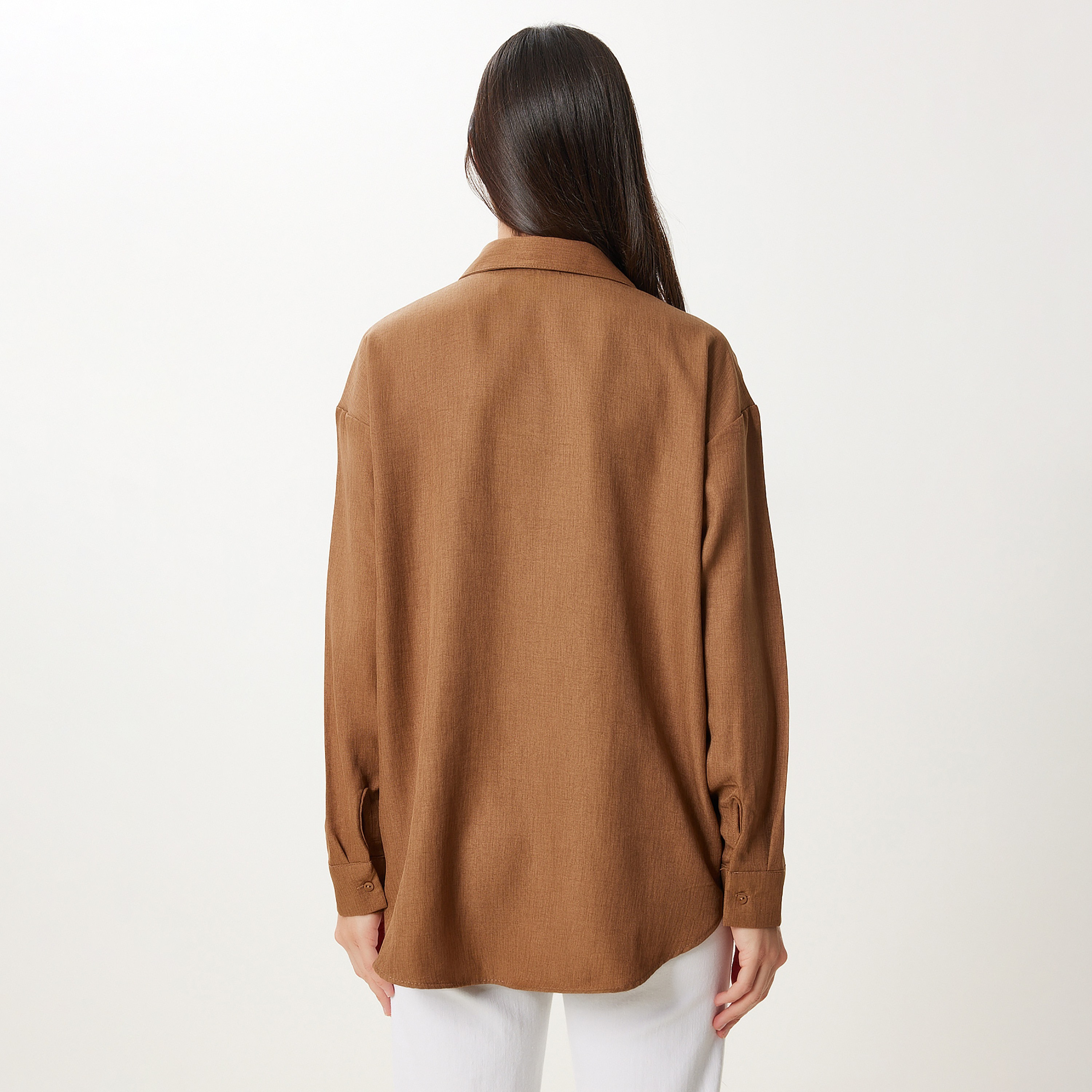 سعادة إسطنبول كتان بني بياقة أكمام متدللة قميص نسائي-women-clothing-shirtsandblouses-shirts-image-3