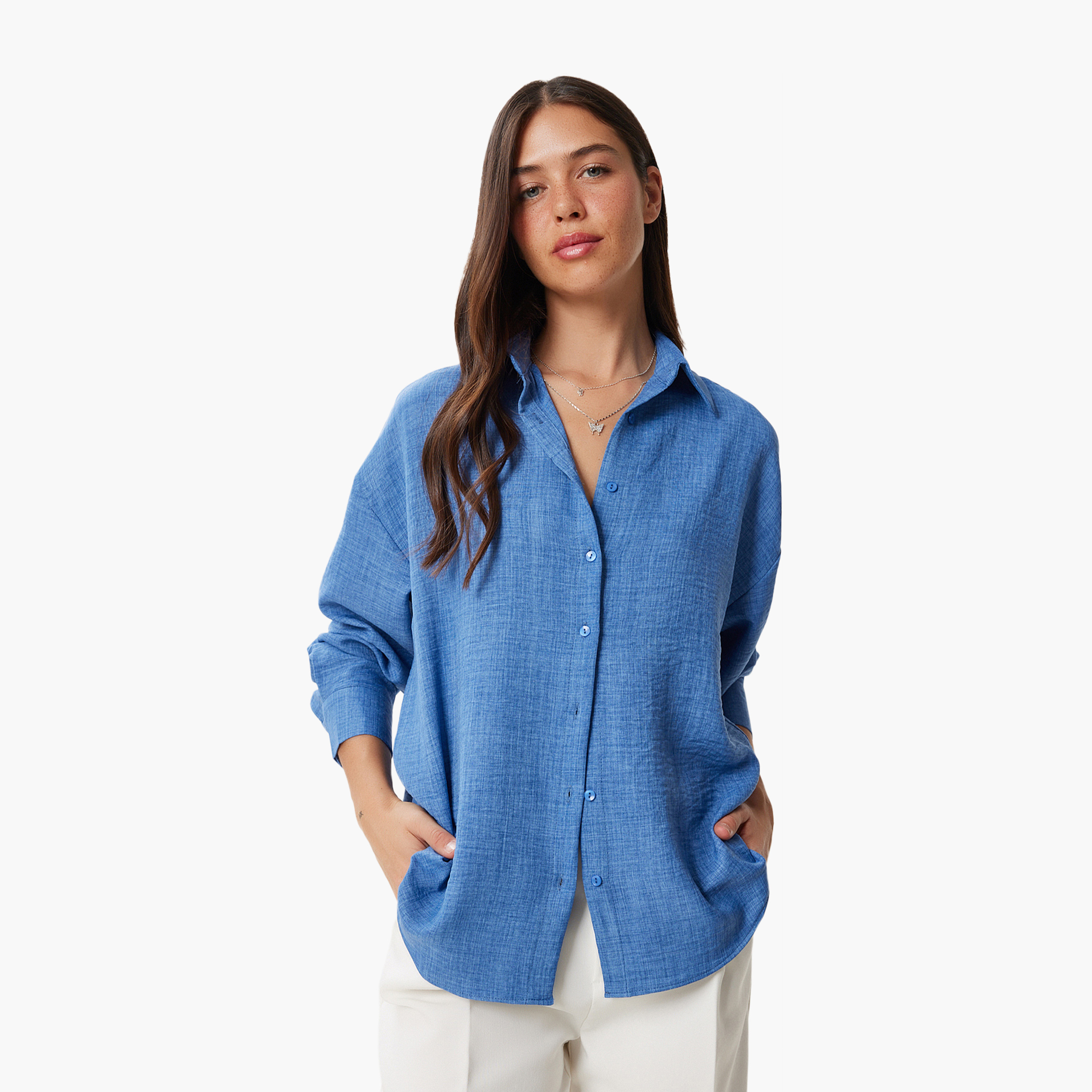 سعادة إسطنبول قميص نسائي بياقة بياقة بأكمام متدلية من الكتان الأزرق-women-clothing-shirtsandblouses-shirts-image-1