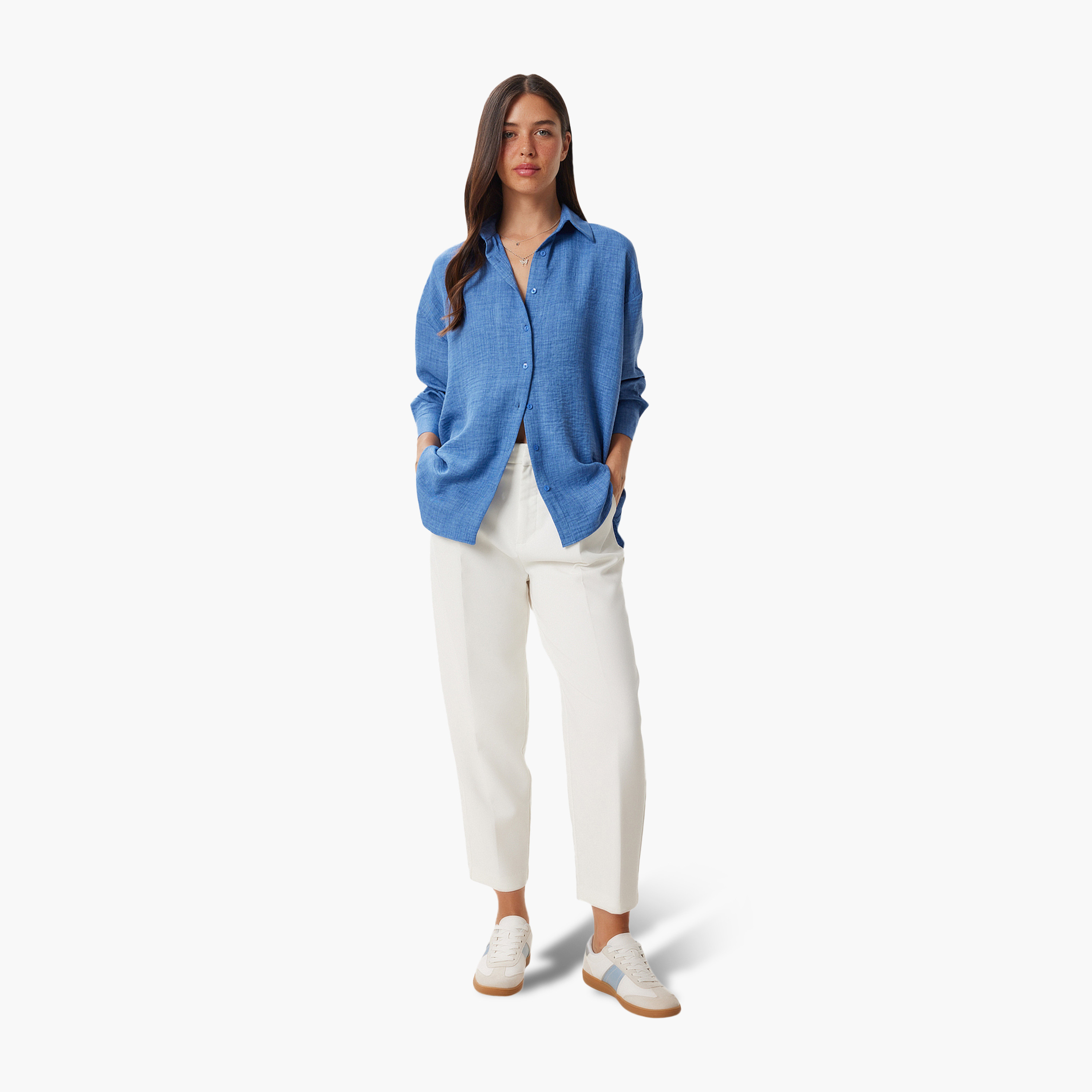 سعادة إسطنبول قميص نسائي بياقة بياقة بأكمام متدلية من الكتان الأزرق-women-clothing-shirtsandblouses-shirts-image-2