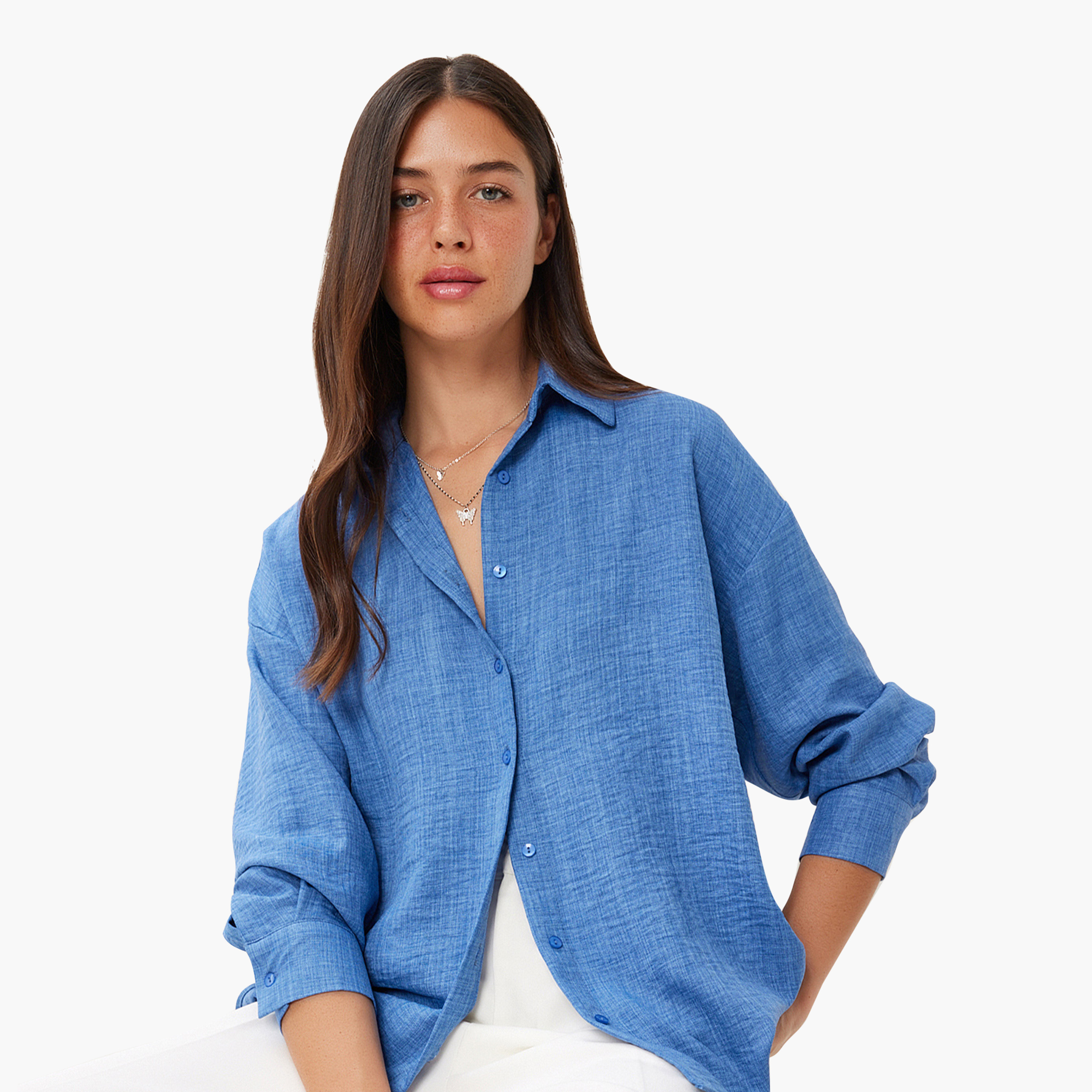 سعادة إسطنبول قميص نسائي بياقة بياقة بأكمام متدلية من الكتان الأزرق-women-clothing-shirtsandblouses-shirts-image-3