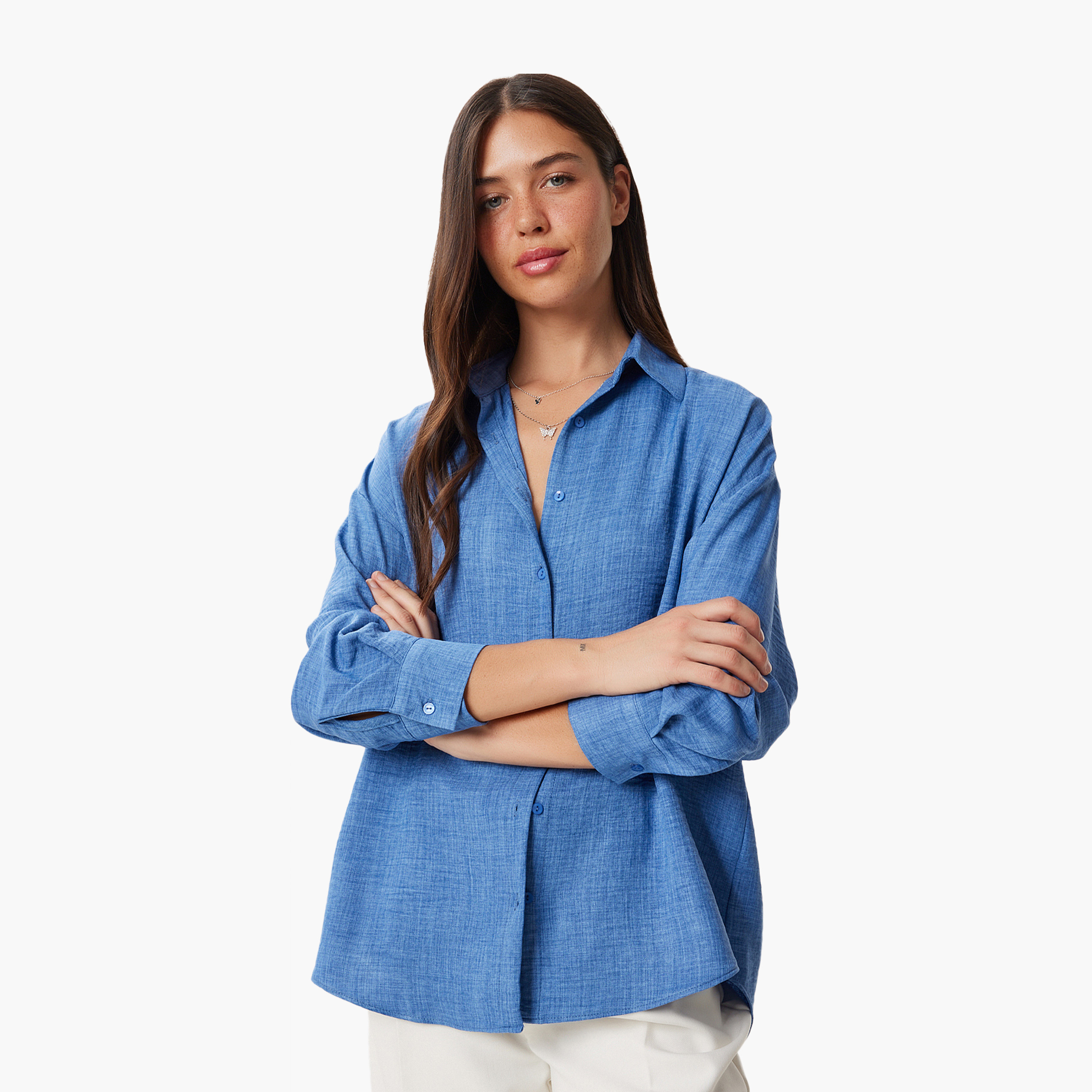 سعادة إسطنبول قميص نسائي بياقة بياقة بأكمام متدلية من الكتان الأزرق-women-clothing-shirtsandblouses-shirts-image-4