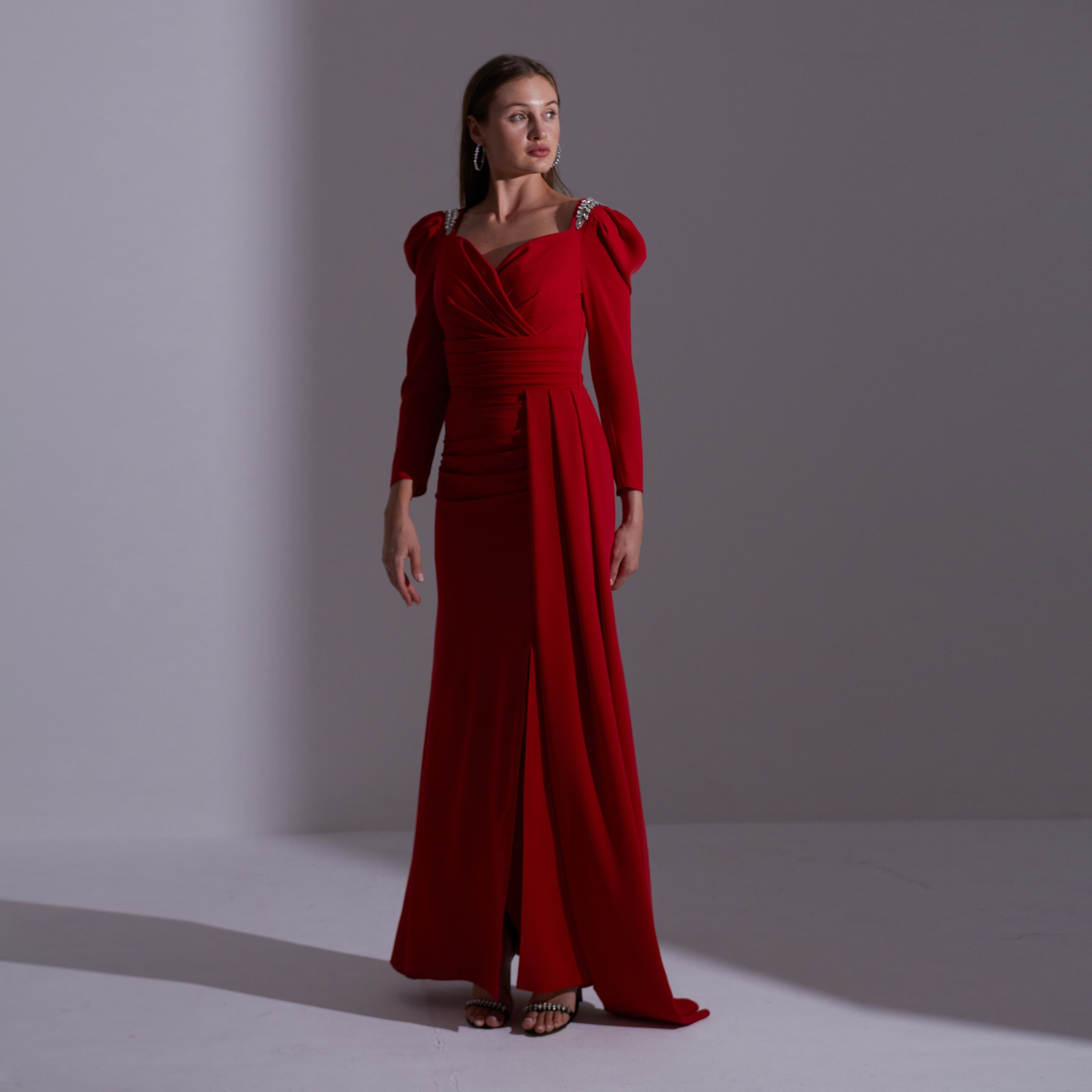 Akadia Pleated Crepe Sweetheart Neck Puff Sleeves Slit Evening Women's Maxi Dress with Side Tail-women-clothing-dresses-image-15