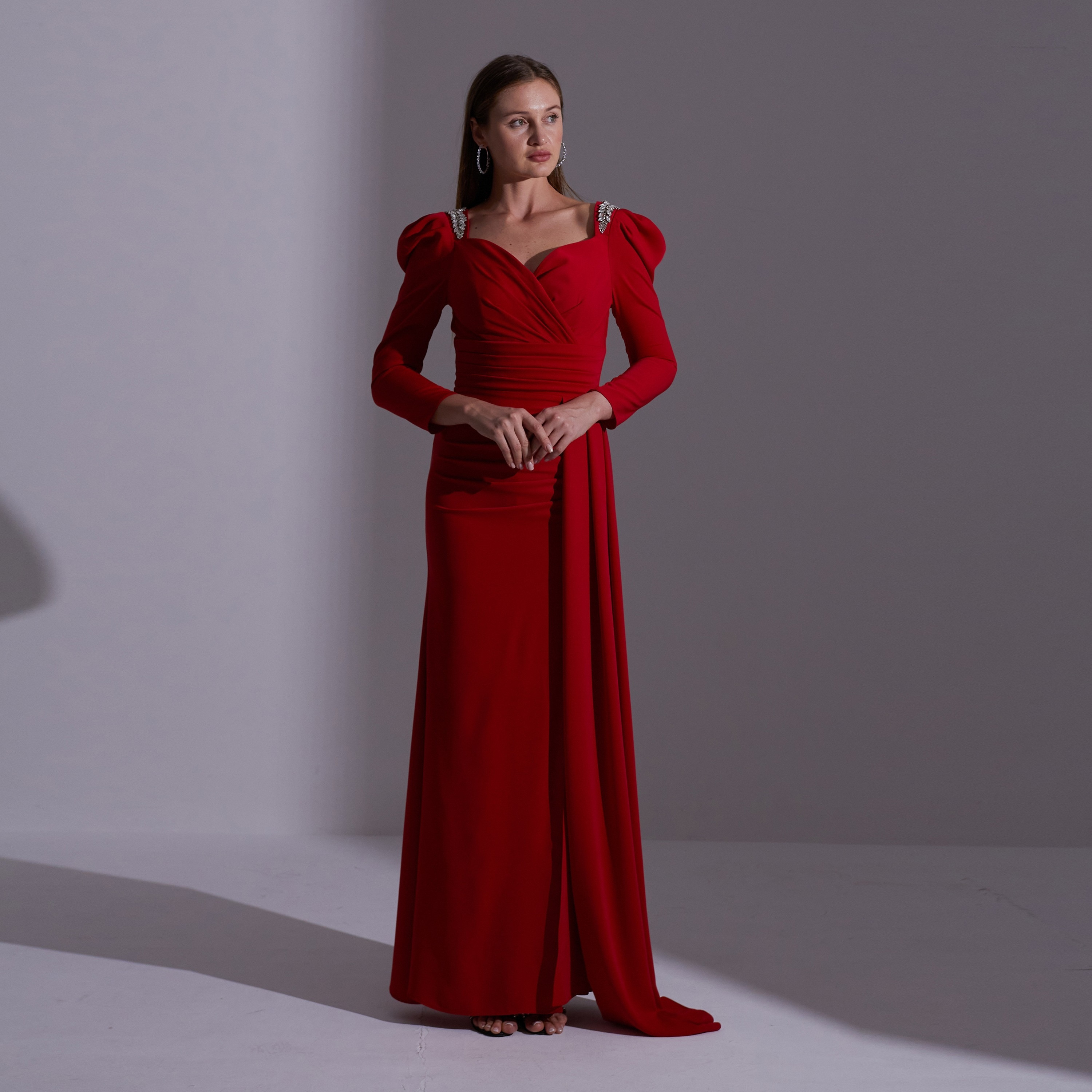 Akadia Pleated Crepe Sweetheart Neck Puff Sleeves Slit Evening Women's Maxi Dress with Side Tail-women-clothing-dresses-image-16