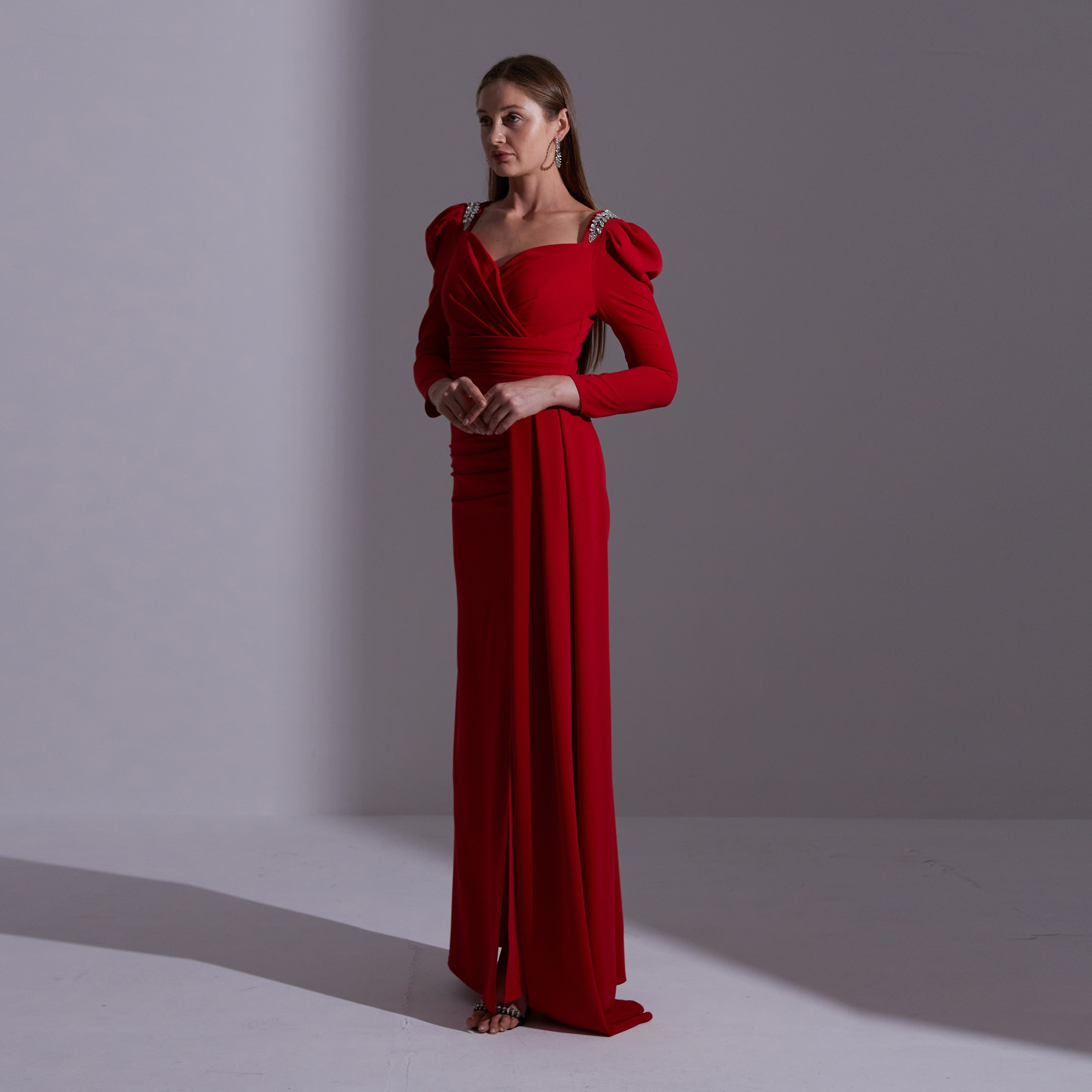 Akadia Pleated Crepe Sweetheart Neck Puff Sleeves Slit Evening Women's Maxi Dress with Side Tail-women-clothing-dresses-image-17
