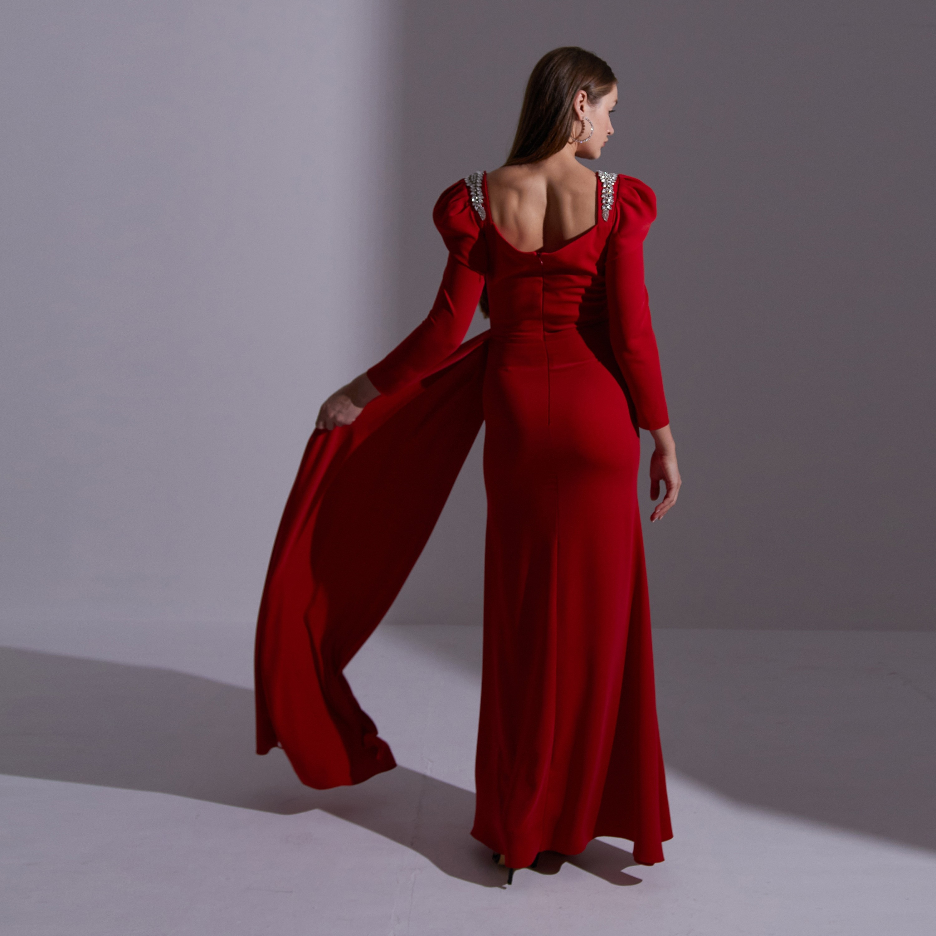 Akadia Pleated Crepe Sweetheart Neck Puff Sleeves Slit Evening Women's Maxi Dress with Side Tail-women-clothing-dresses-image-18