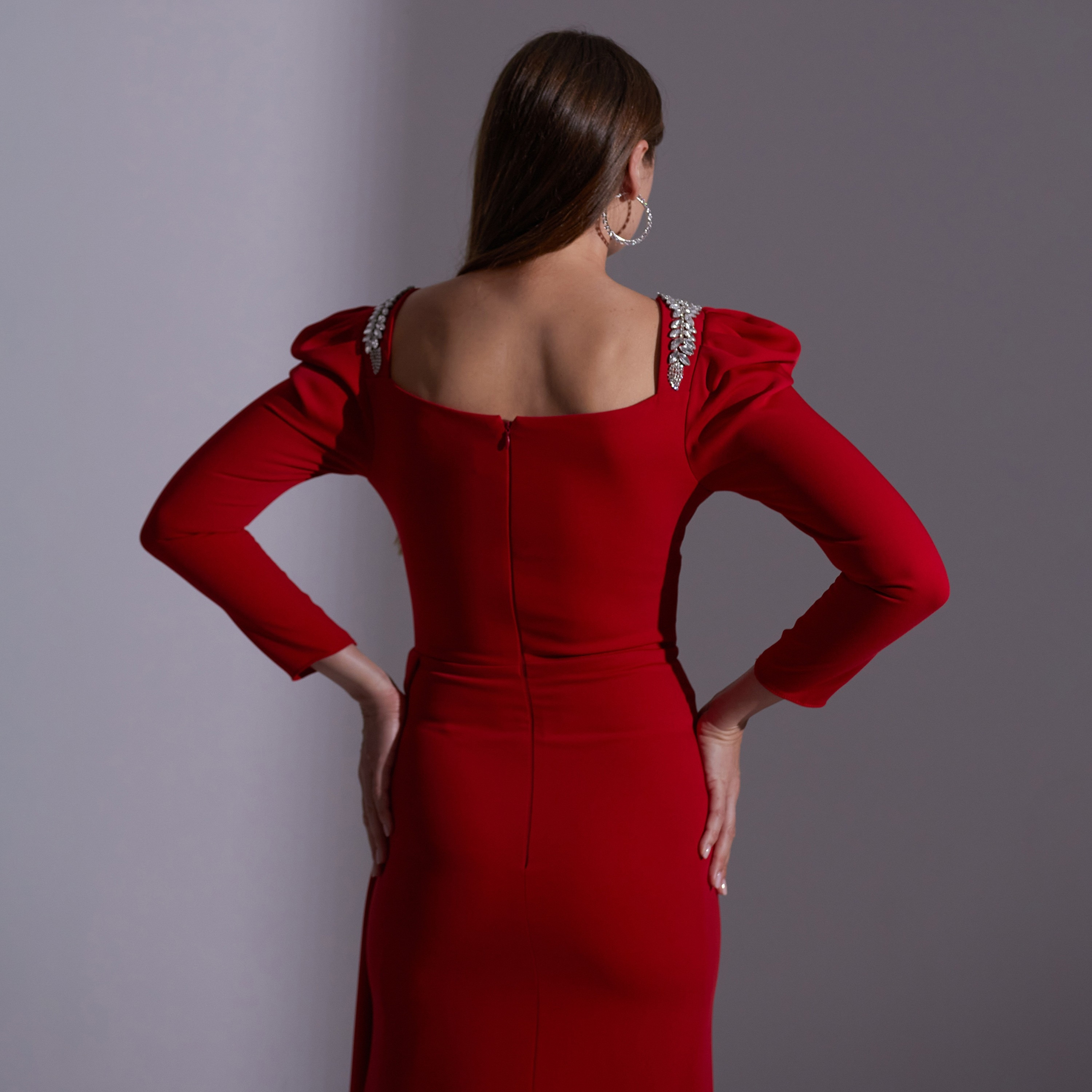 Akadia Pleated Crepe Sweetheart Neck Puff Sleeves Slit Evening Women's Maxi Dress with Side Tail-women-clothing-dresses-image-20