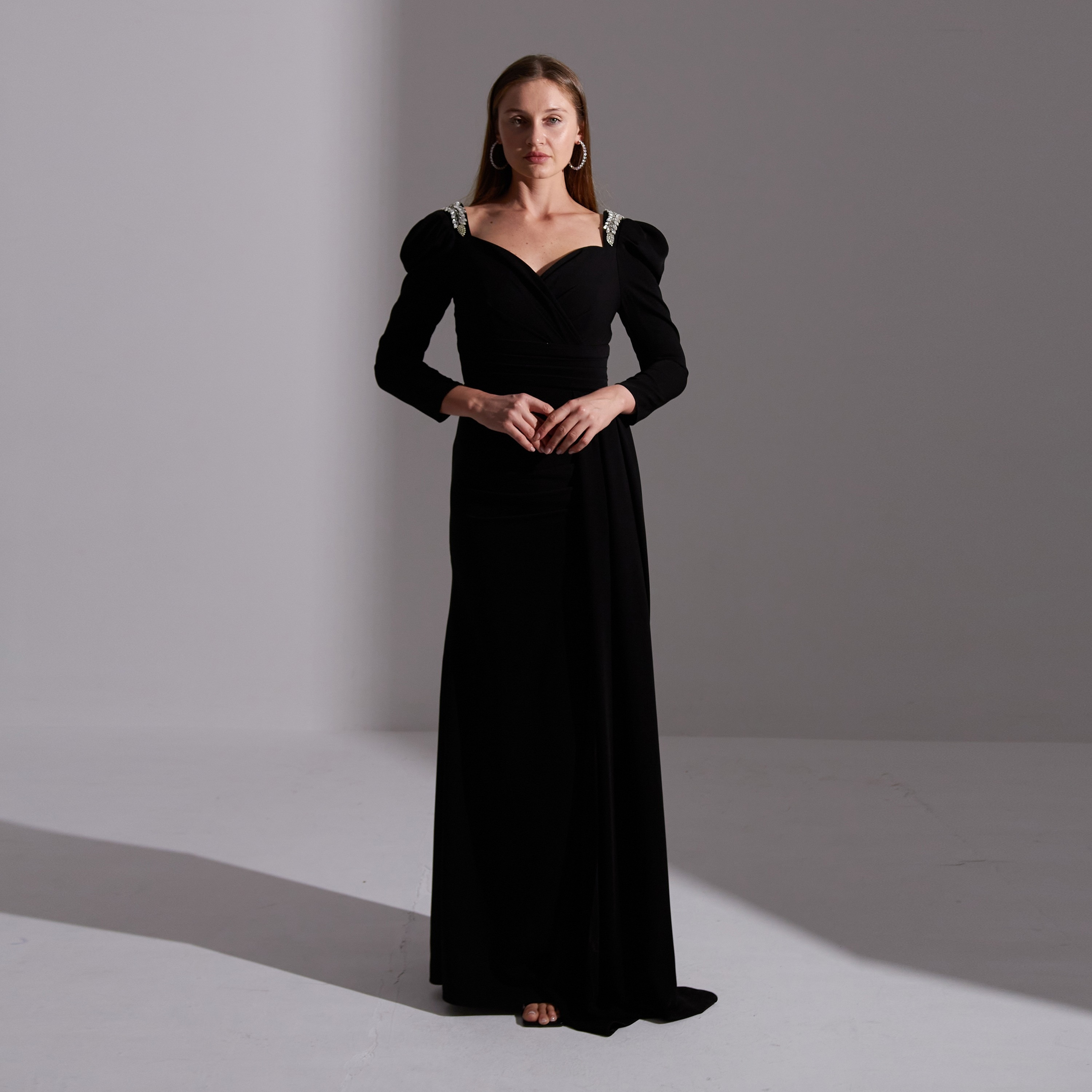 Akadia Pleated Crepe Sweetheart Neck Puff Sleeves Slit Evening Women's Maxi Dress with Side Tail-women-clothing-dresses-image-1