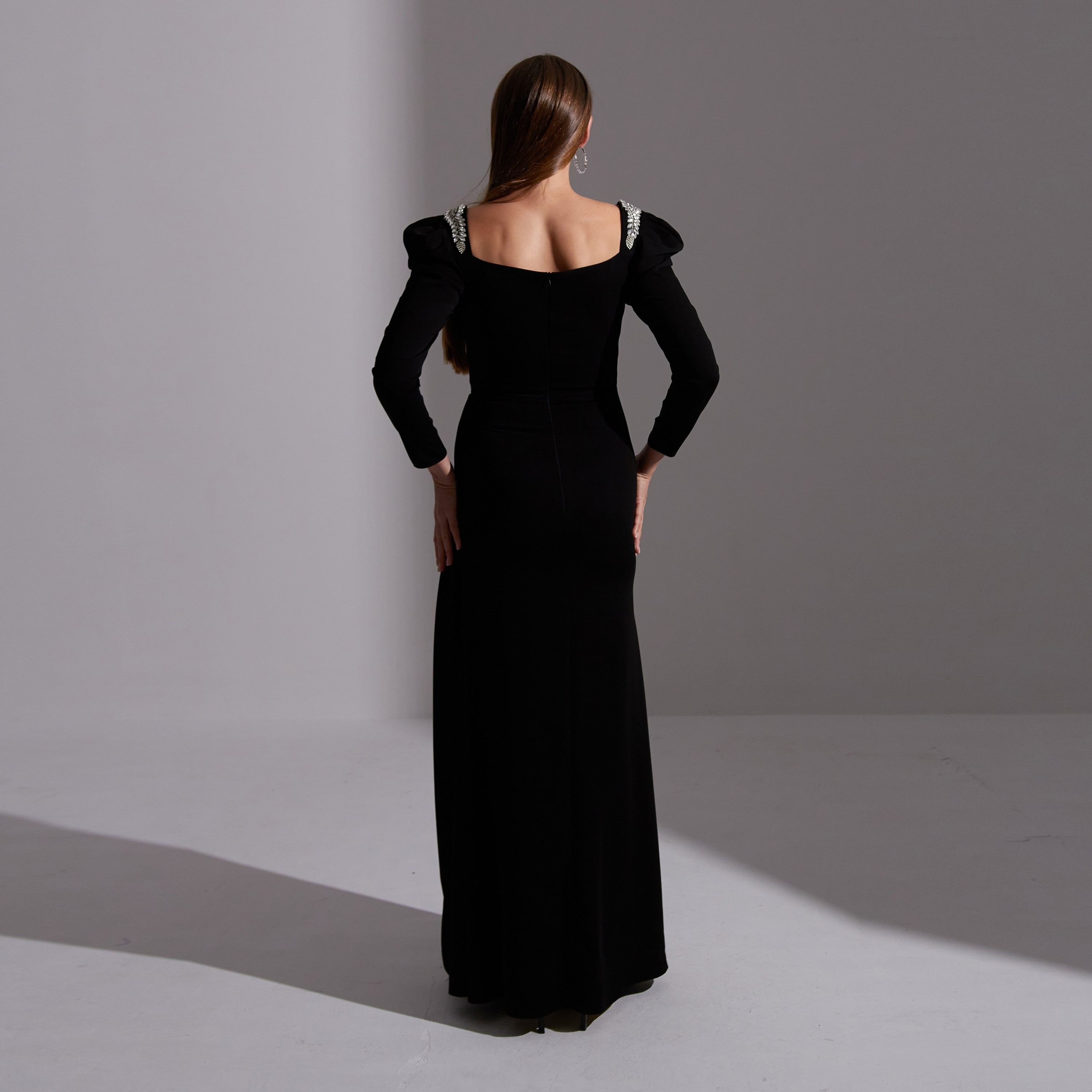 Akadia Pleated Crepe Sweetheart Neck Puff Sleeves Slit Evening Women's Maxi Dress with Side Tail-women-clothing-dresses-image-3