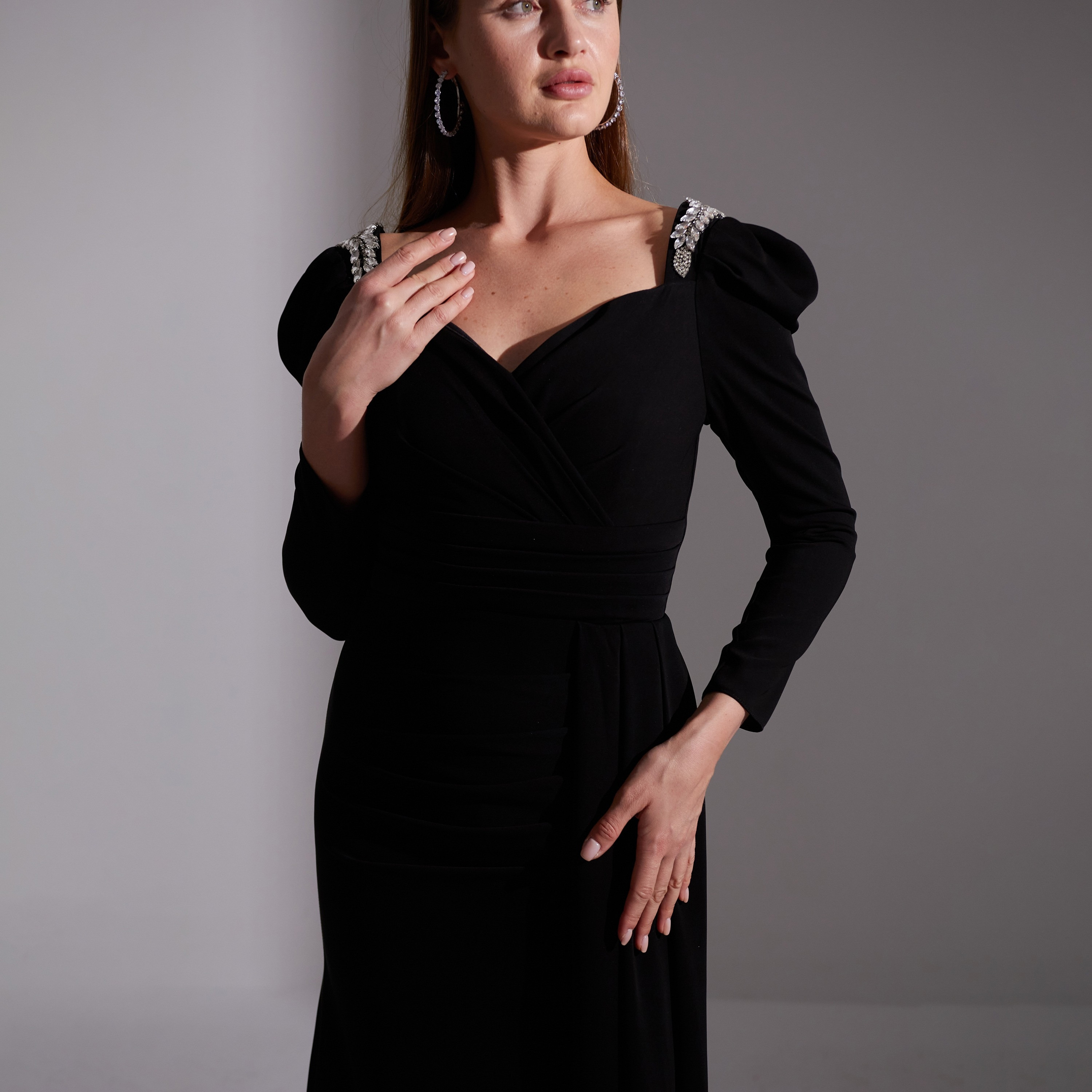 Akadia Pleated Crepe Sweetheart Neck Puff Sleeves Slit Evening Women's Maxi Dress with Side Tail-women-clothing-dresses-image-4