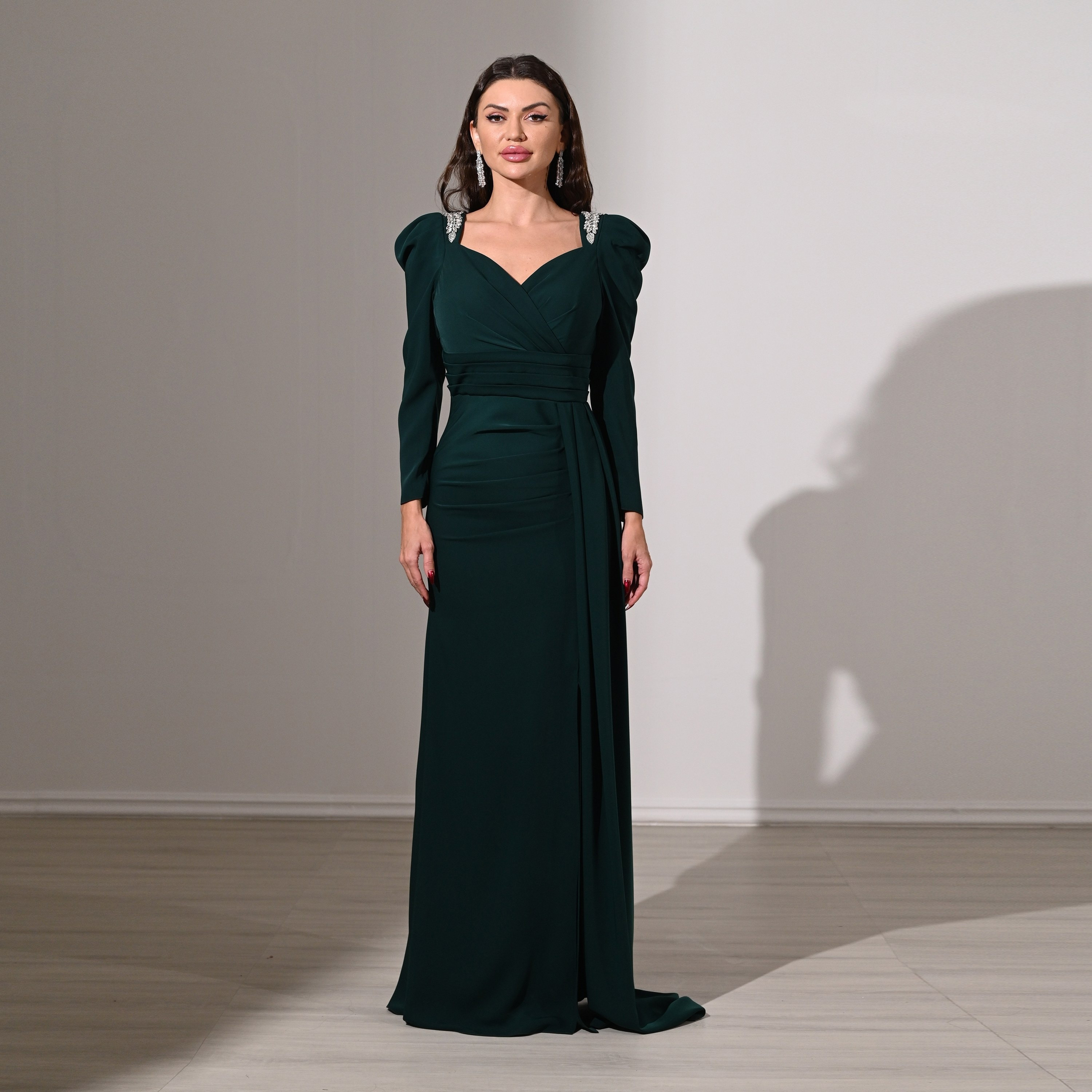 Akadia Pleated Crepe Sweetheart Neck Puff Sleeves Slit Evening Women's Maxi Dress with Side Tail-women-clothing-dresses-image-5