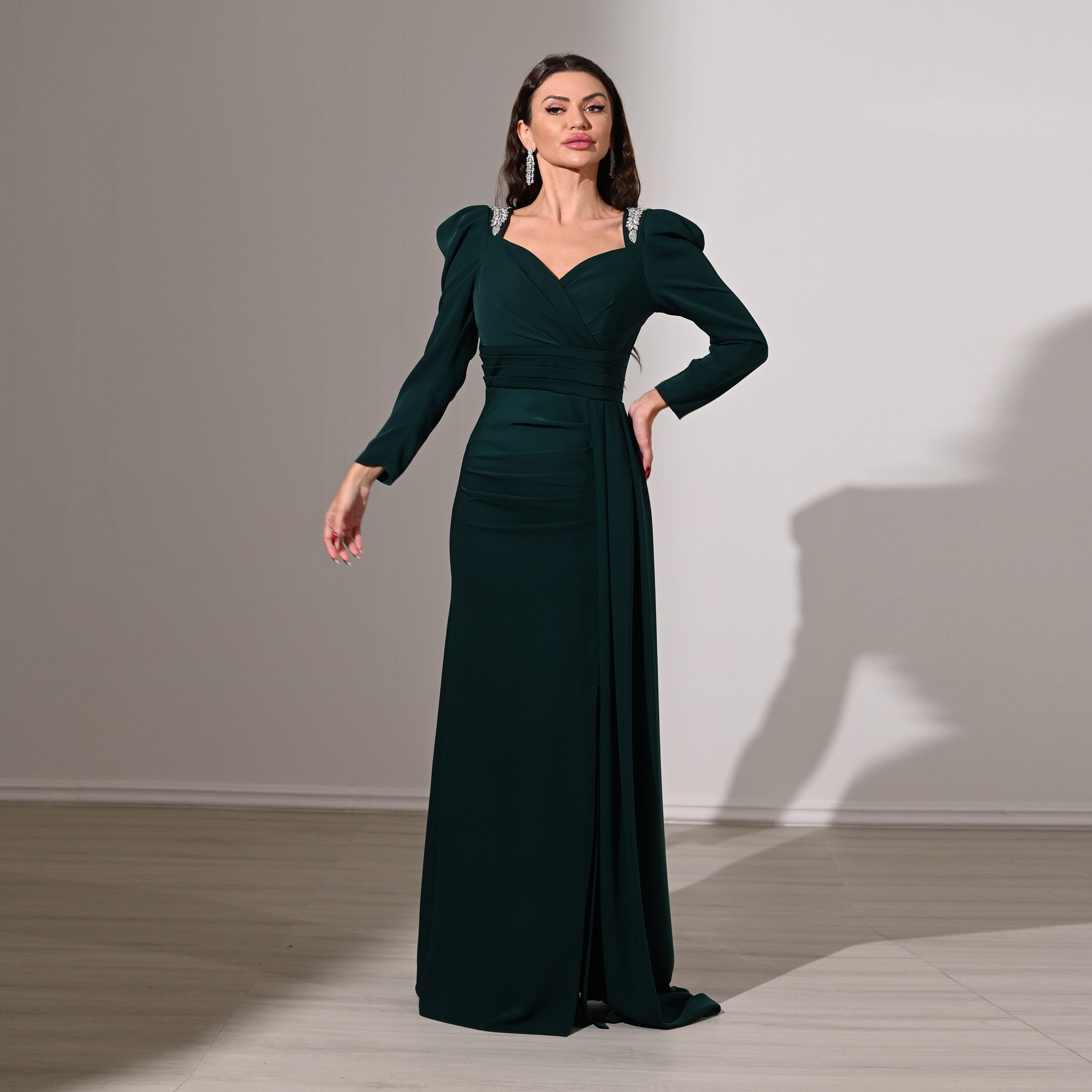Akadia Pleated Crepe Sweetheart Neck Puff Sleeves Slit Evening Women's Maxi Dress with Side Tail-women-clothing-dresses-image-6