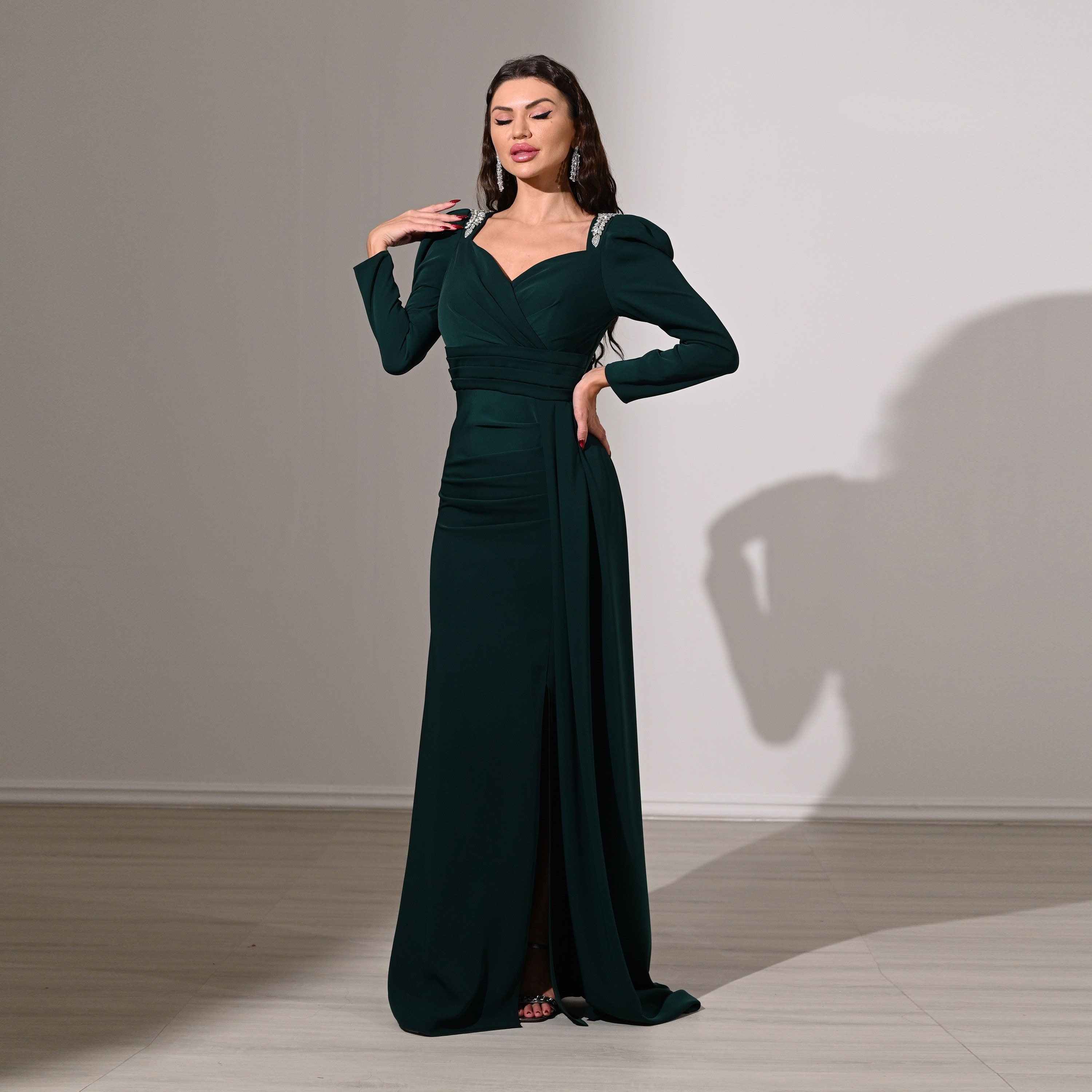 Akadia Pleated Crepe Sweetheart Neck Puff Sleeves Slit Evening Women's Maxi Dress with Side Tail-women-clothing-dresses-image-7