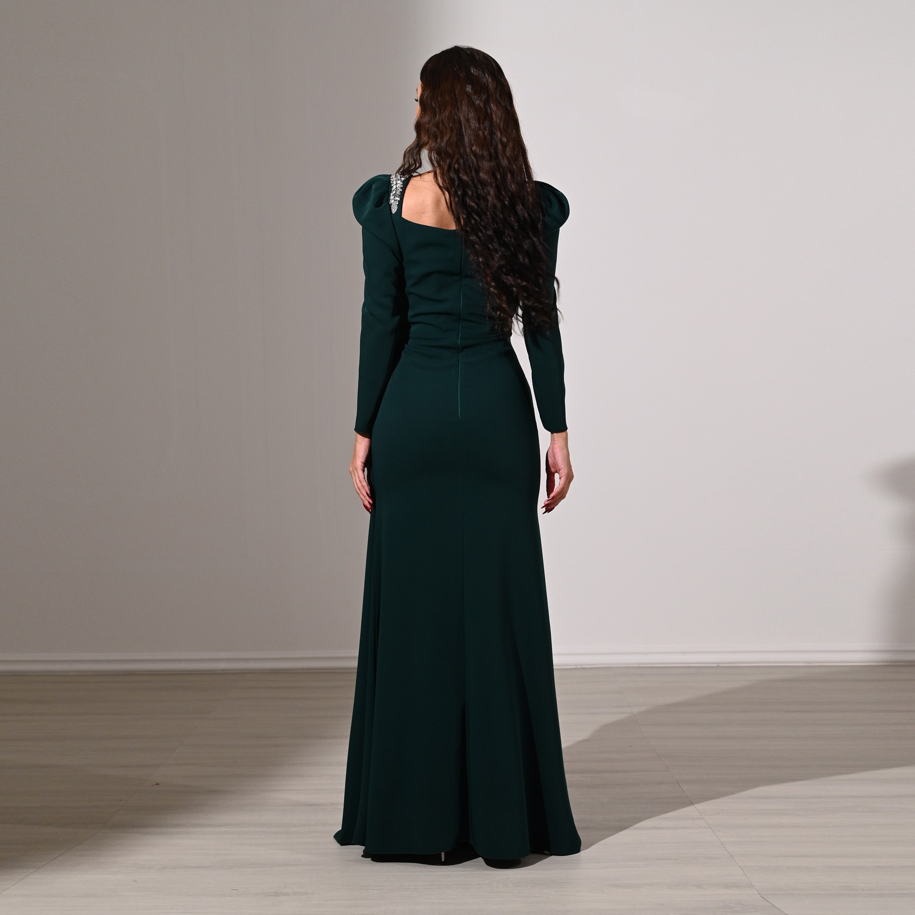 Akadia Pleated Crepe Sweetheart Neck Puff Sleeves Slit Evening Women's Maxi Dress with Side Tail-women-clothing-dresses-image-8