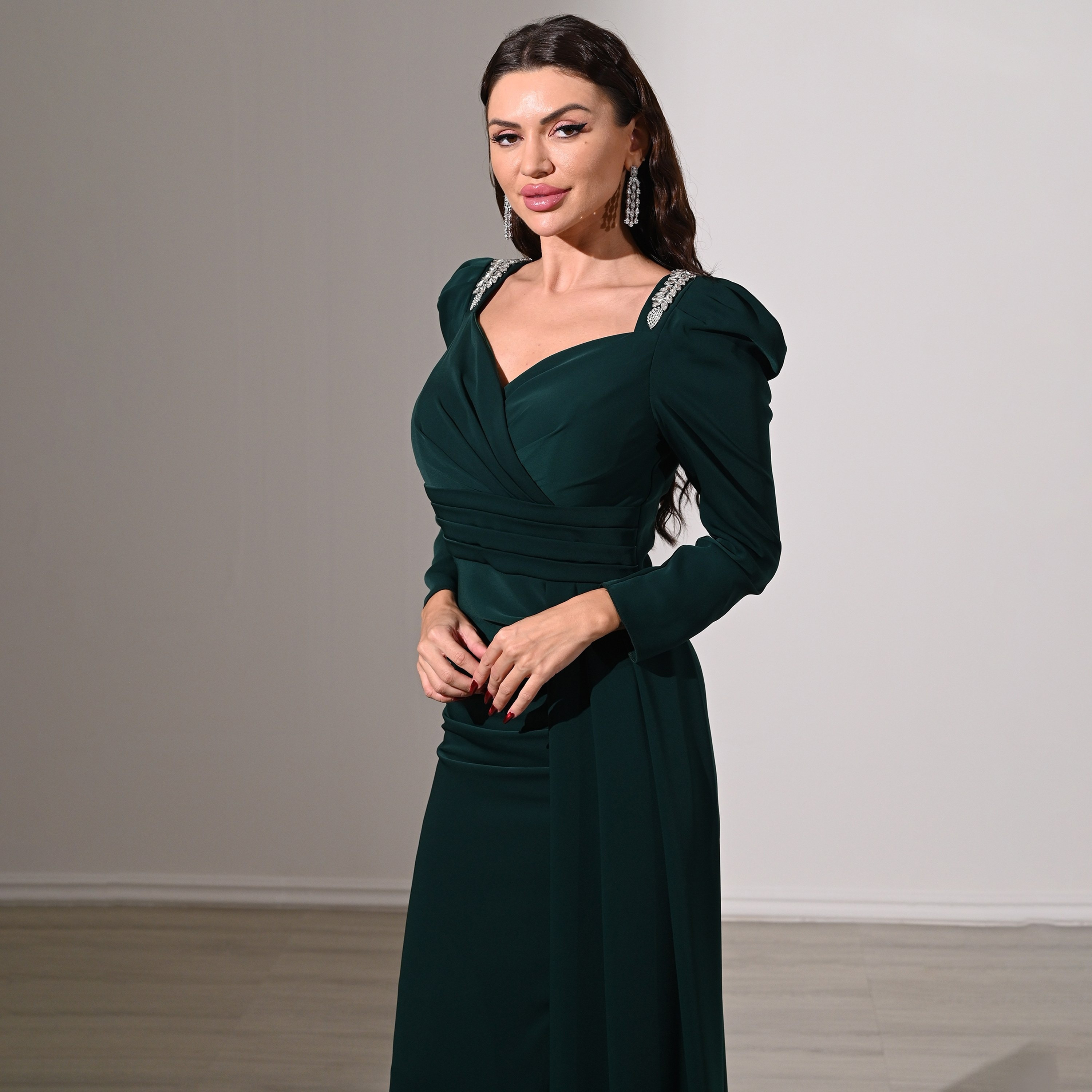 Akadia Pleated Crepe Sweetheart Neck Puff Sleeves Slit Evening Women's Maxi Dress with Side Tail-women-clothing-dresses-image-9