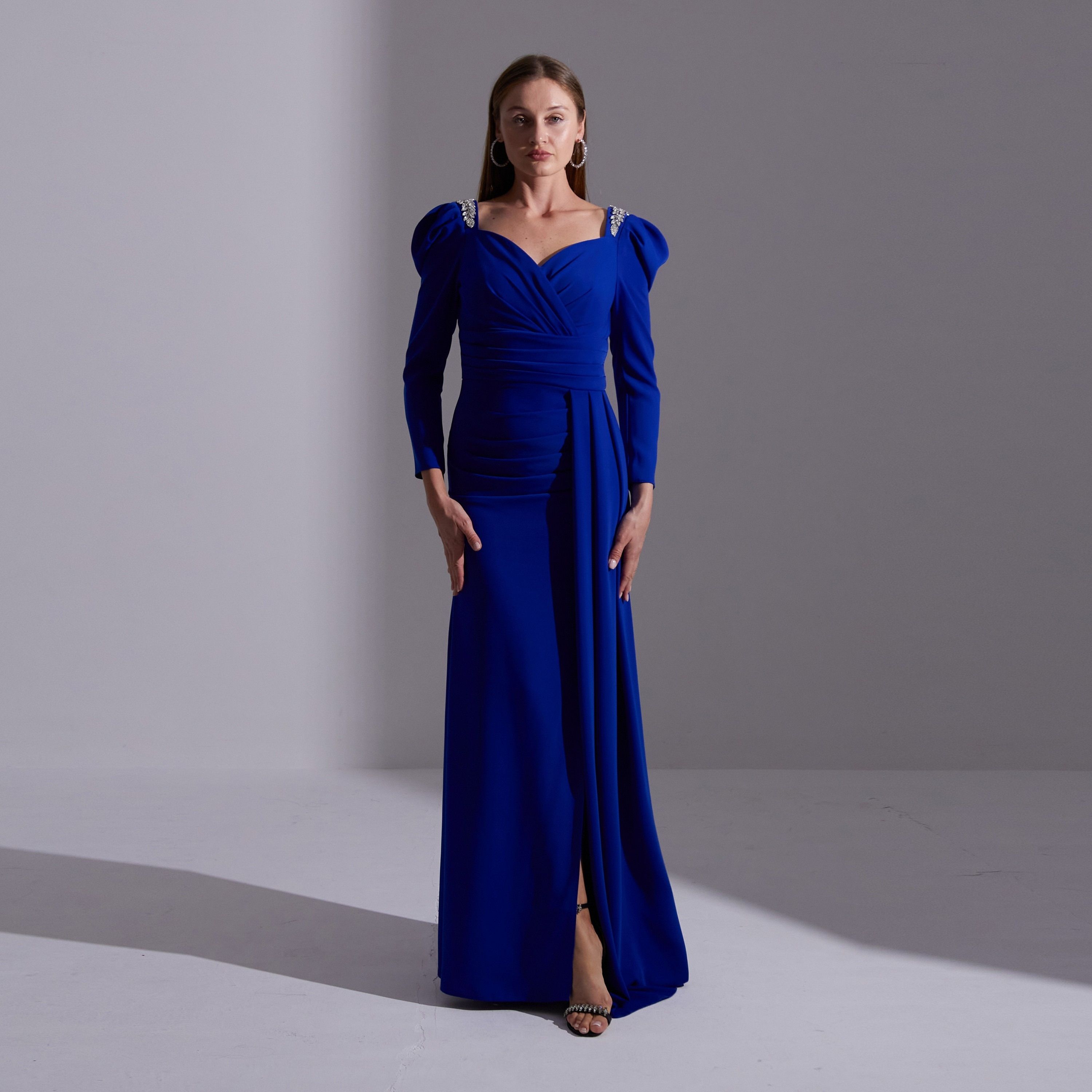 Akadia Pleated Crepe Sweetheart Neck Puff Sleeves Slit Evening Women's Maxi Dress with Side Tail-women-clothing-dresses-image-1